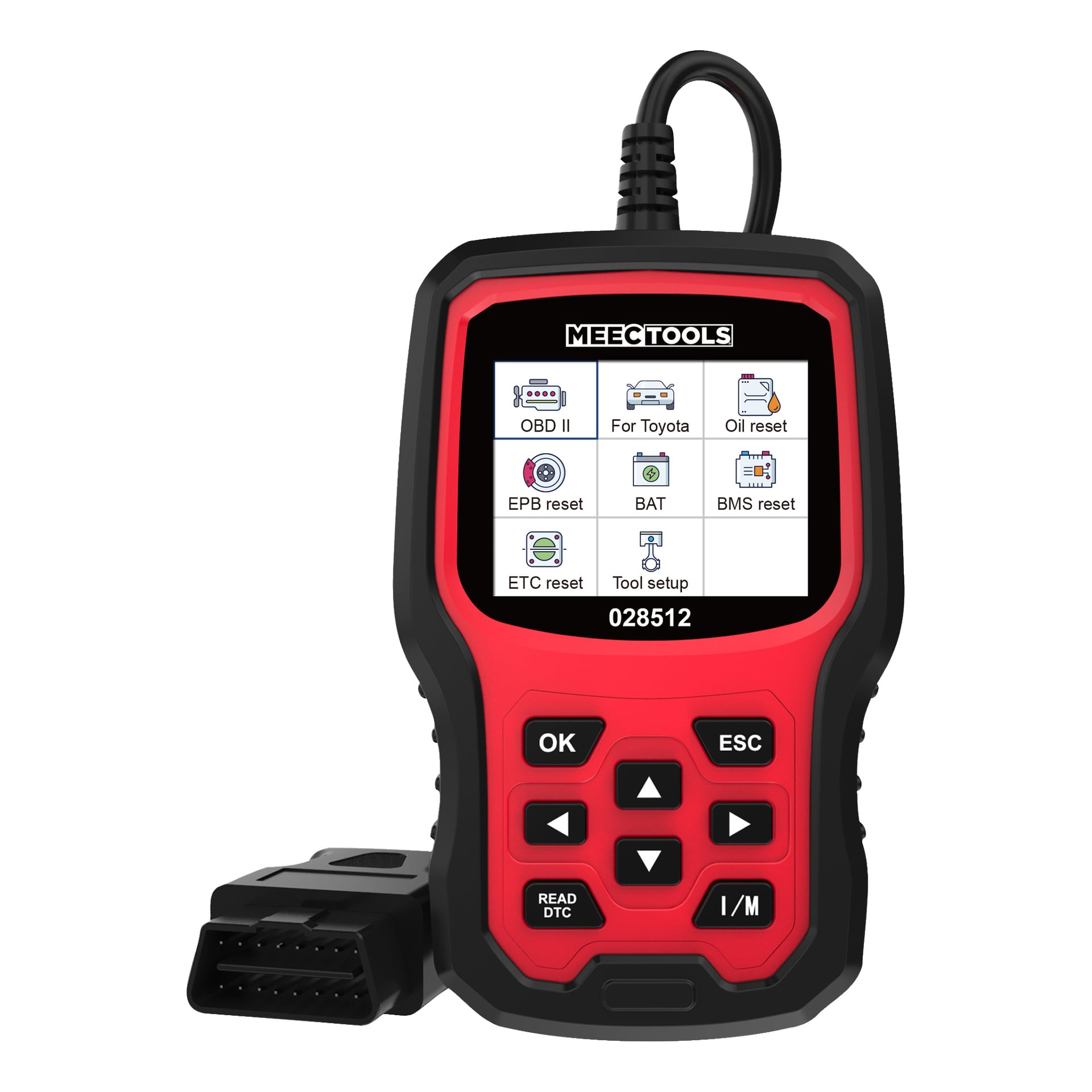 En portabel felkodläsare designad för Toyota OBD-II-fordon, utrustad med en display som visar menyval, tydligt markerade knappar och en ansluten OBD-II-kabel. Framsidan av enheten visar Meec Tools och modellen 028512.