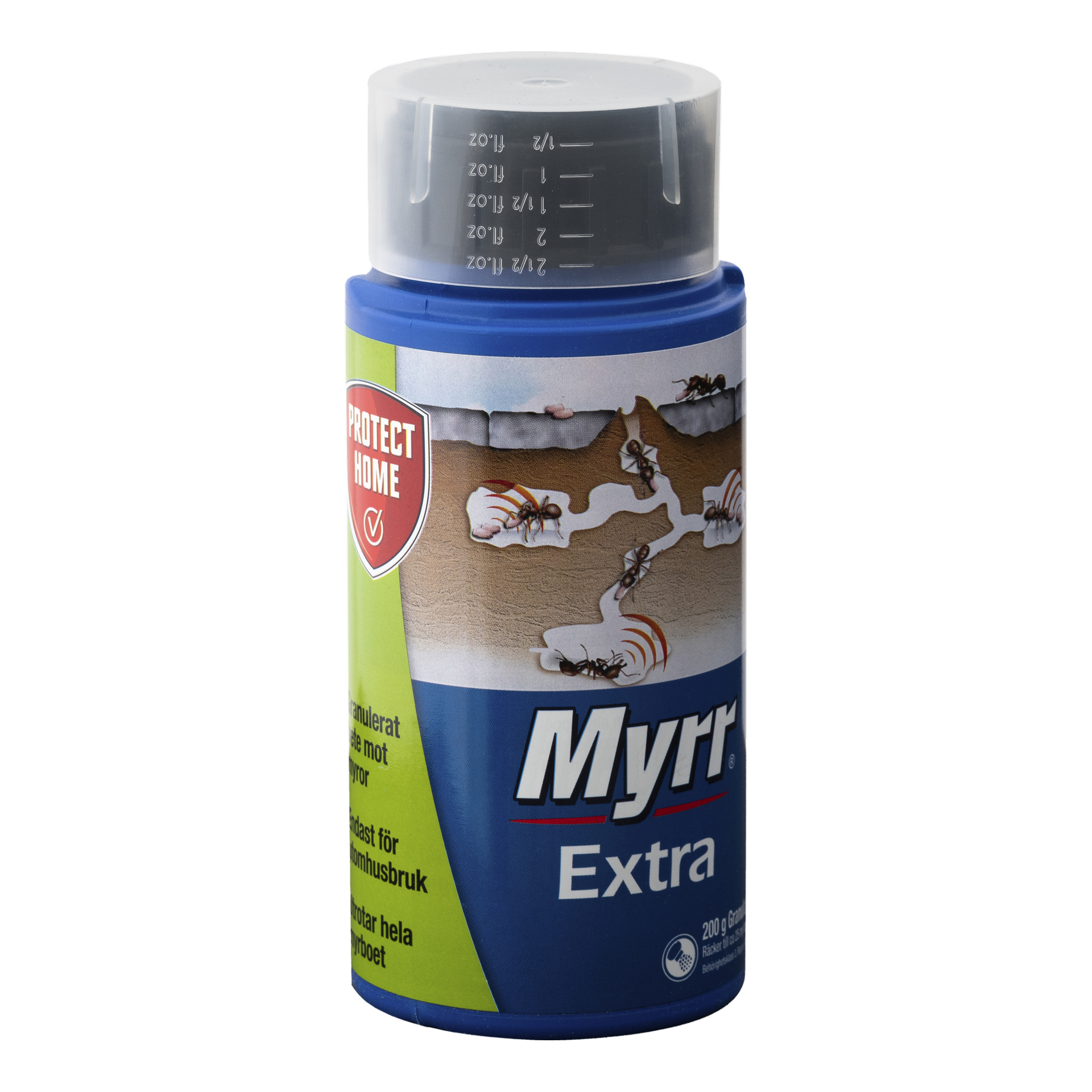 En blå behållare märkt "Myrdödare Myrr Extra" med illustrationer av myror som rör sig över en yta, toppad med en genomskinlig måttlock och orden "Skydda hemmet" markerade i rött på vänster sida av etiketten.
