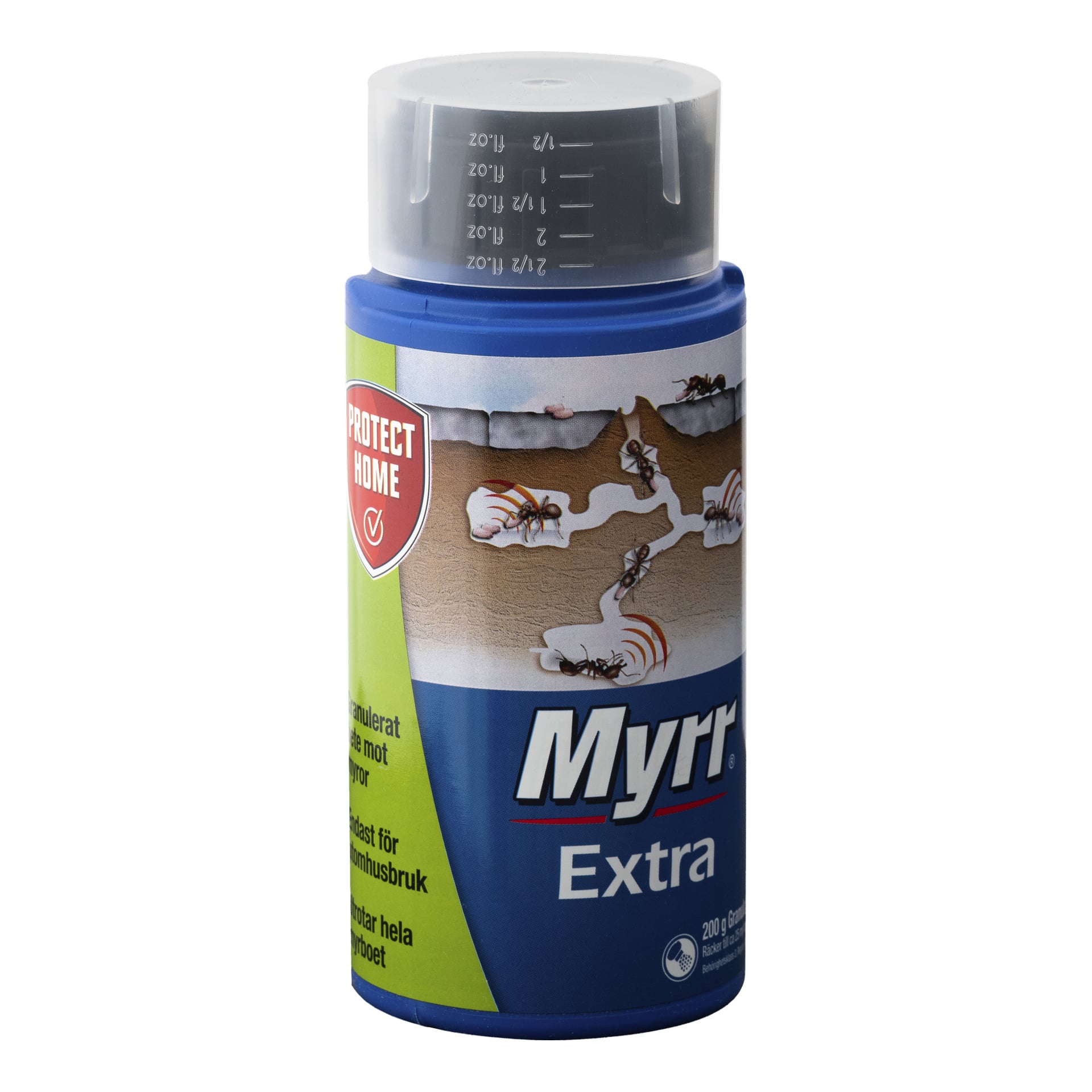 En blå behållare märkt "Myrdödare Myrr Extra" med illustrationer av myror som rör sig över en yta, toppad med en genomskinlig måttlock och orden "Skydda hemmet" markerade i rött på vänster sida av etiketten.