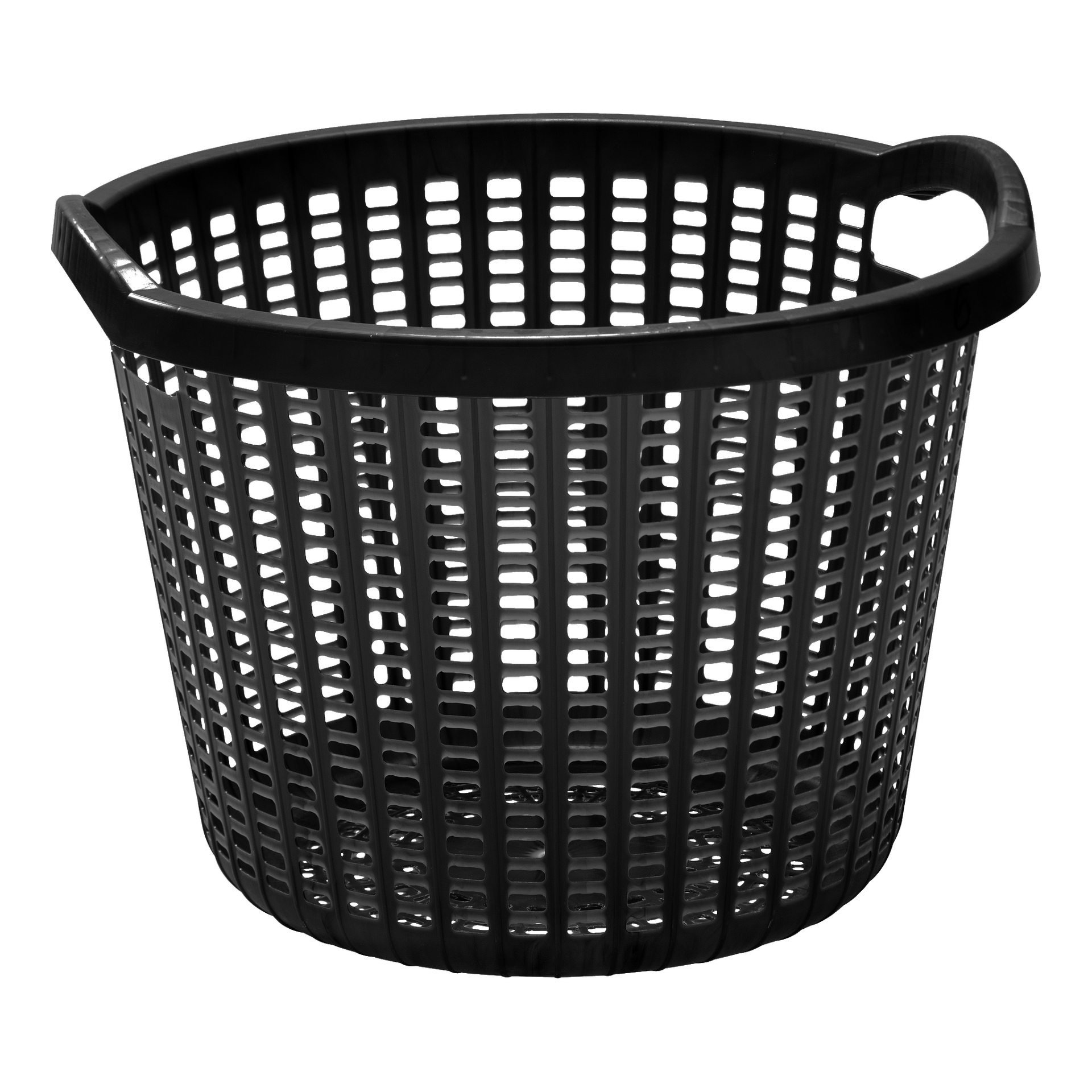 En rund svart Hard Head Leaf-korg gjord av plast, designad med ett mönster av korsande vertikala och horisontella ribbor, en rymlig öppen topp och två integrerade handtag på vardera sidan.