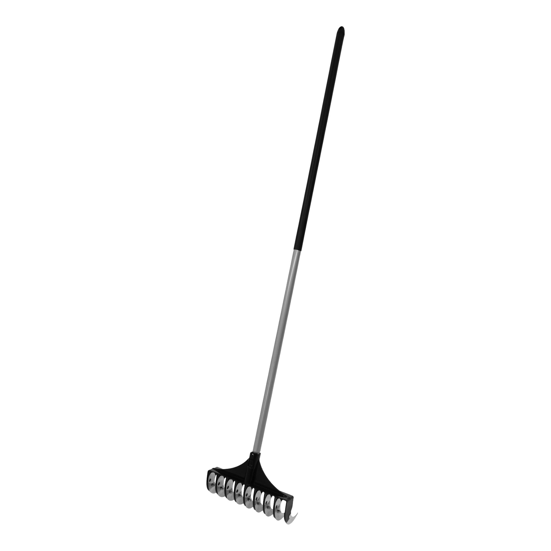 Ett trädgårdsverktyg för Hard Head Lawn med långt, svart och grått handtag och ett svart metallhuvud med flera silverfärgade cirkulära blad och en enda krok, avsett för att lufta jord eller rensa ogräs.