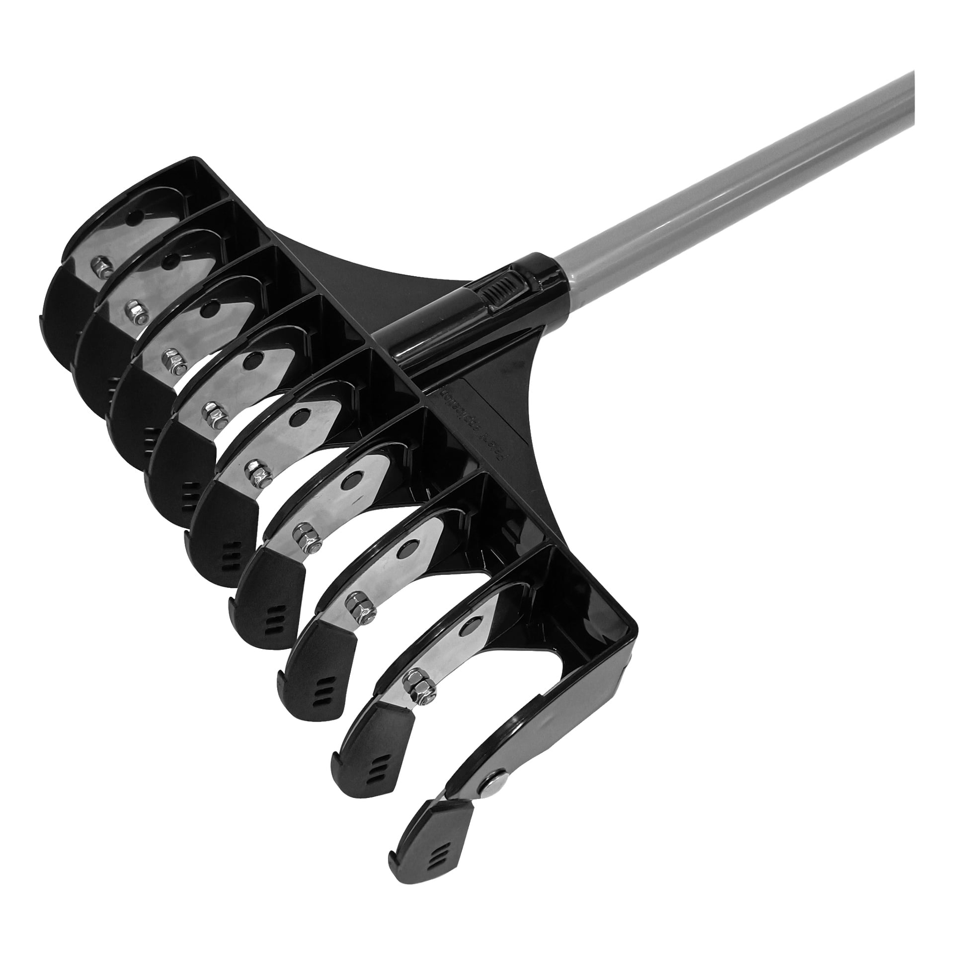 En närbild av Hard Head Lawn Aerator, som visar åtta svarta och grå böjda tänder med ett plastgrepp ovanpå.