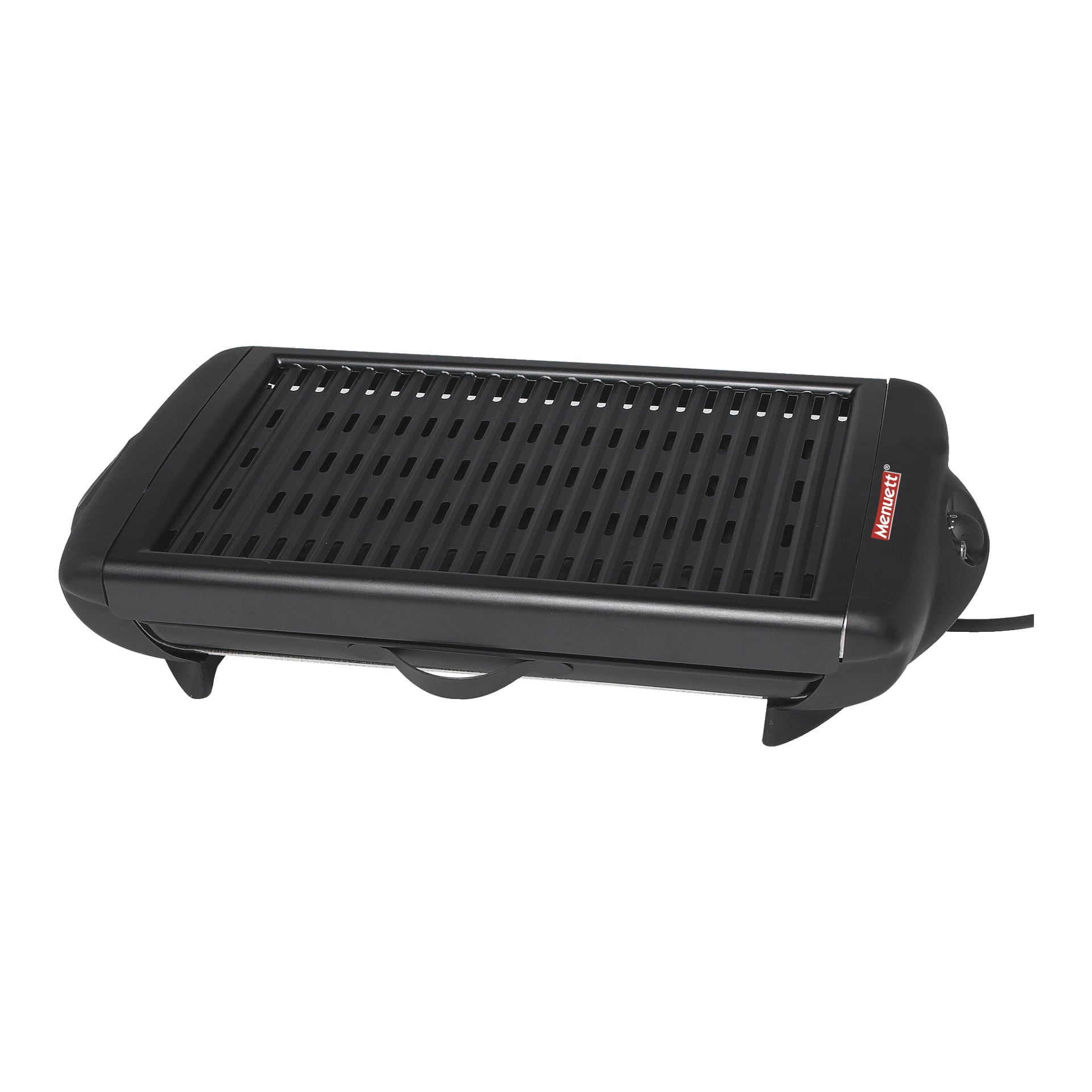 Menuett Table Grill KYS-868A on musta sähköinen sisägrilli, jossa on suorakaiteen muotoinen keittoalue, kaksi sivukahvaa ja kiinnitetty virtajohto. Grillillä on käytännöllinen muotoilu, jota korostaa punainen Menuett-logo oikeassa yläkulmassa.