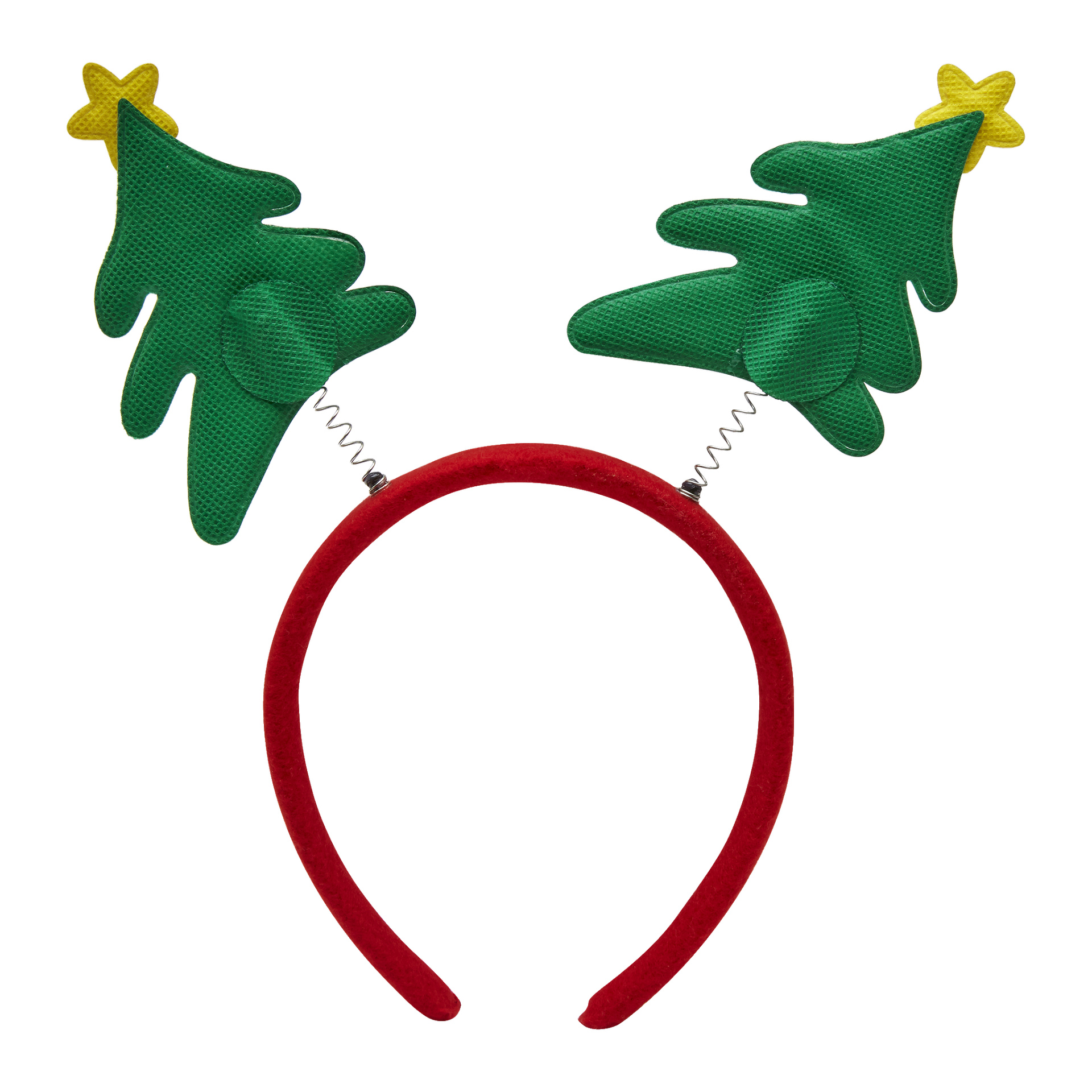 EKVIPs juldiadem har ett rött pannband med två gröna julgranar på vårar, var och en krönt med en gul stjärna.