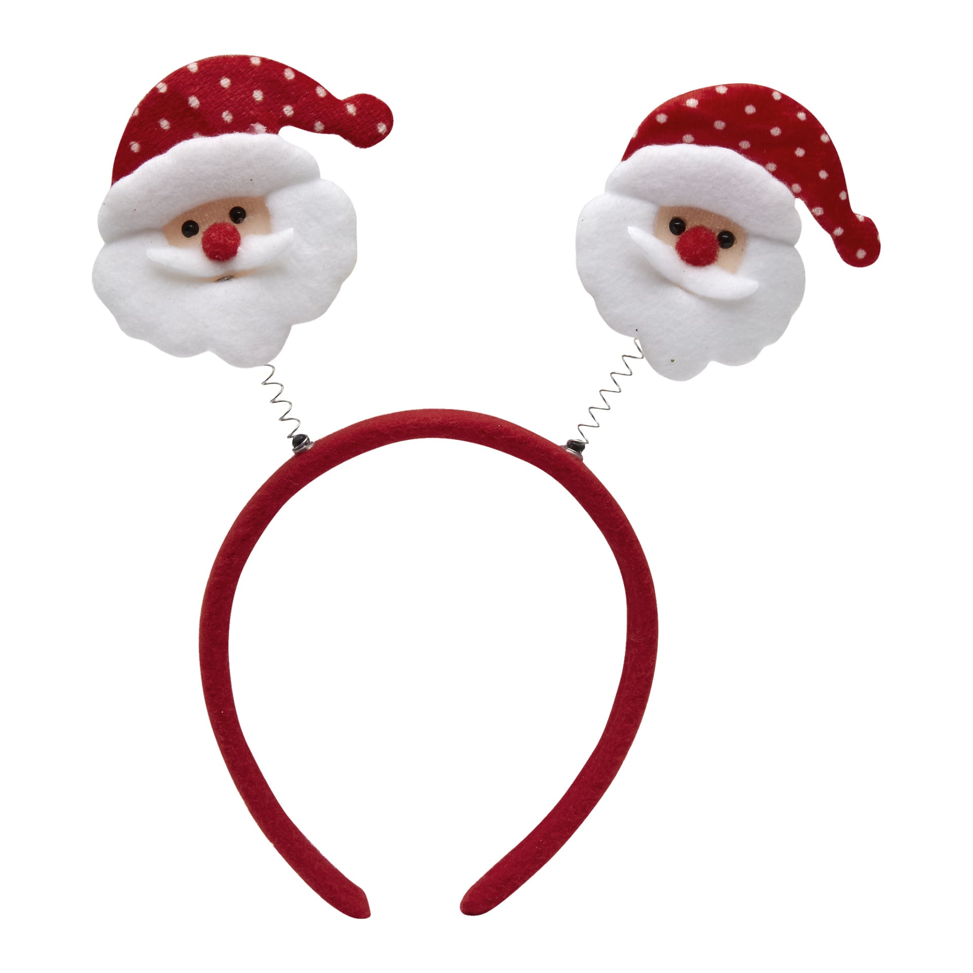 Ett rött EKVIP julpannband med två mjuka jultomtefigurer, var och en med en röd hatt med vita fläckar och ett fluffigt vitt skägg, fäst på fjädrar så att de studsar upprätt när de bärs.