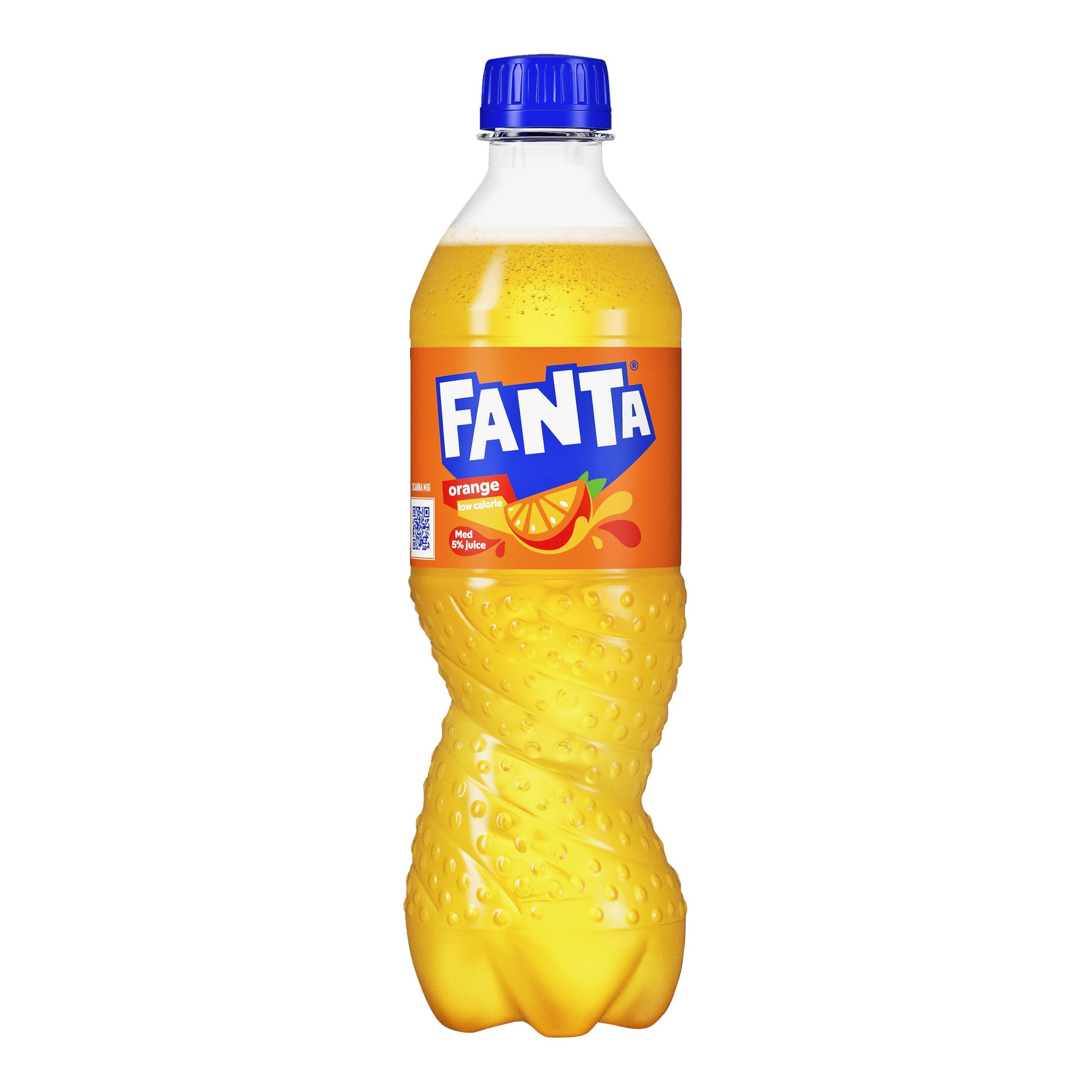 En plastflaska Fanta Orange från Coca Cola med blå kork och apelsinetikett visar Fanta-loggan, en bild av en apelsinskiva, och noterar att det är en lågkalorihaltig, apelsinsmakad läsk med 0 % juice.