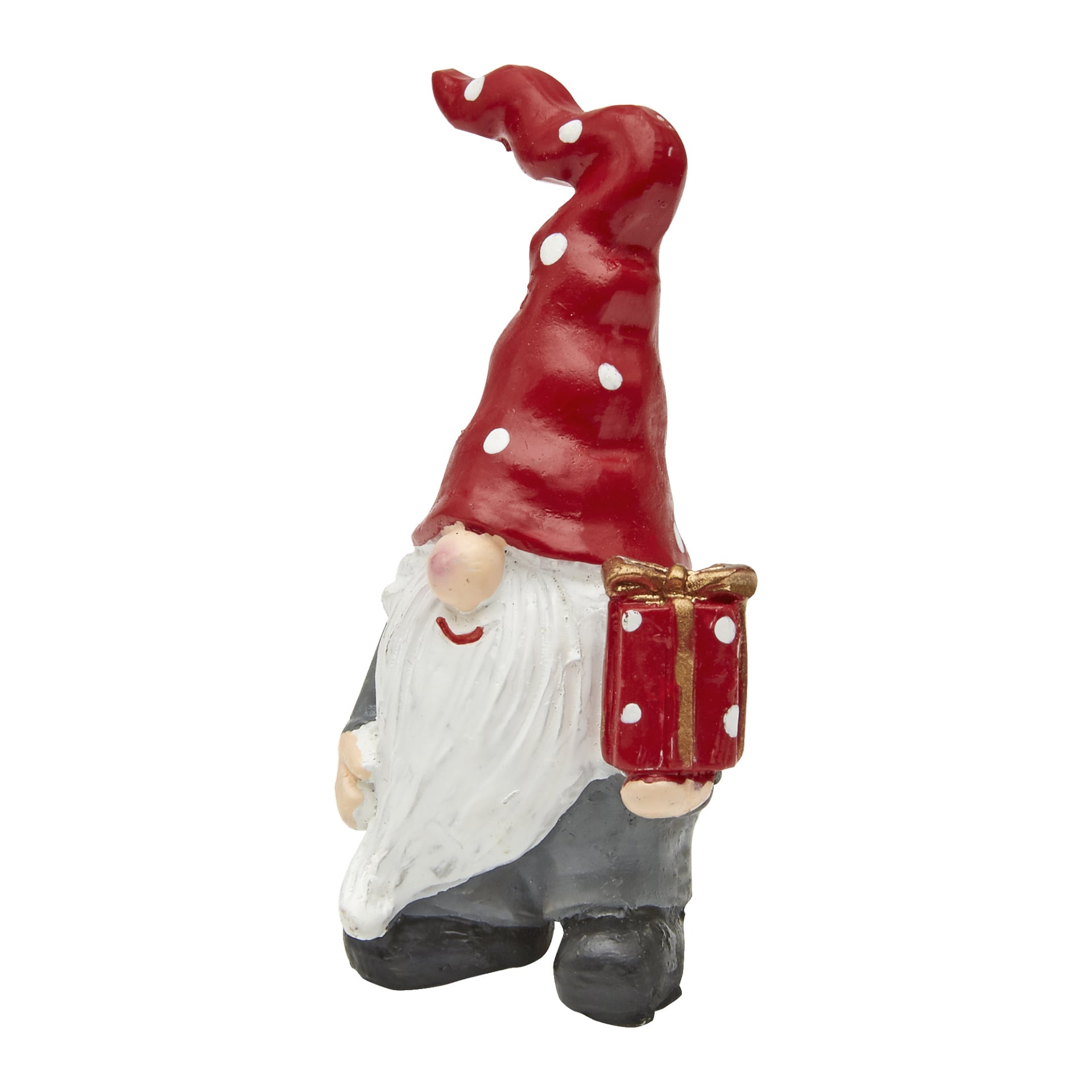 EKVIPs figur "Tomten med paketet" visar en tomte med långt vitt skägg, en röd hatt täckt av vita prickar, grå kläder och svarta skor. Gnomen håller i en röd presentask dekorerad med vita prickar och avslutad med ett gyllene band.