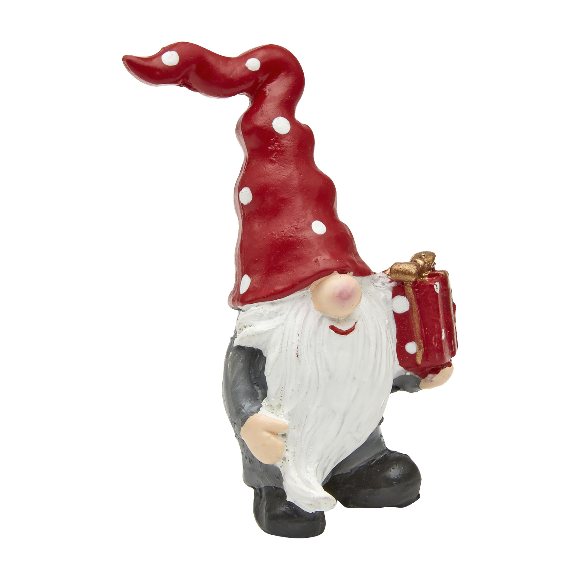 En liten figur kallad "Santa with a packet" av EKVIP visar ett långt vitt skägg, en hög röd hatt dekorerad med vita prickar, mörka kläder och håller en röd present inslagen med ett guldband.