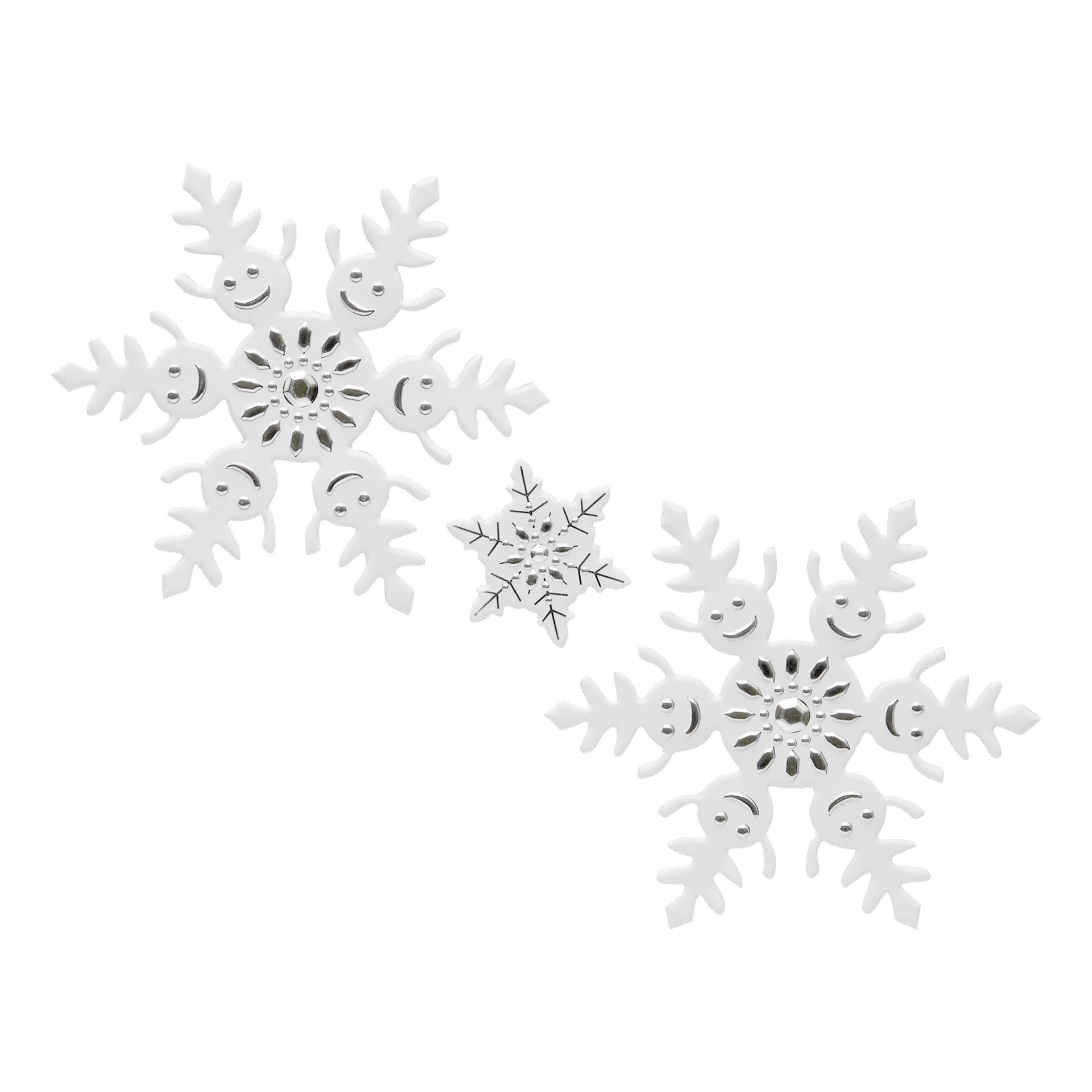 Drei EKVIP-Fensteraufkleber mit Weihnachtsmotiv sind ausgestellt: Zwei große Aufkleber zeigen fröhliche, lächelnde Schneeflocken, und ein kleinerer Aufkleber mit einer einfachen schwarzen, mit einer Linie gezeichneten Schneeflocke liegt dazwischen.
