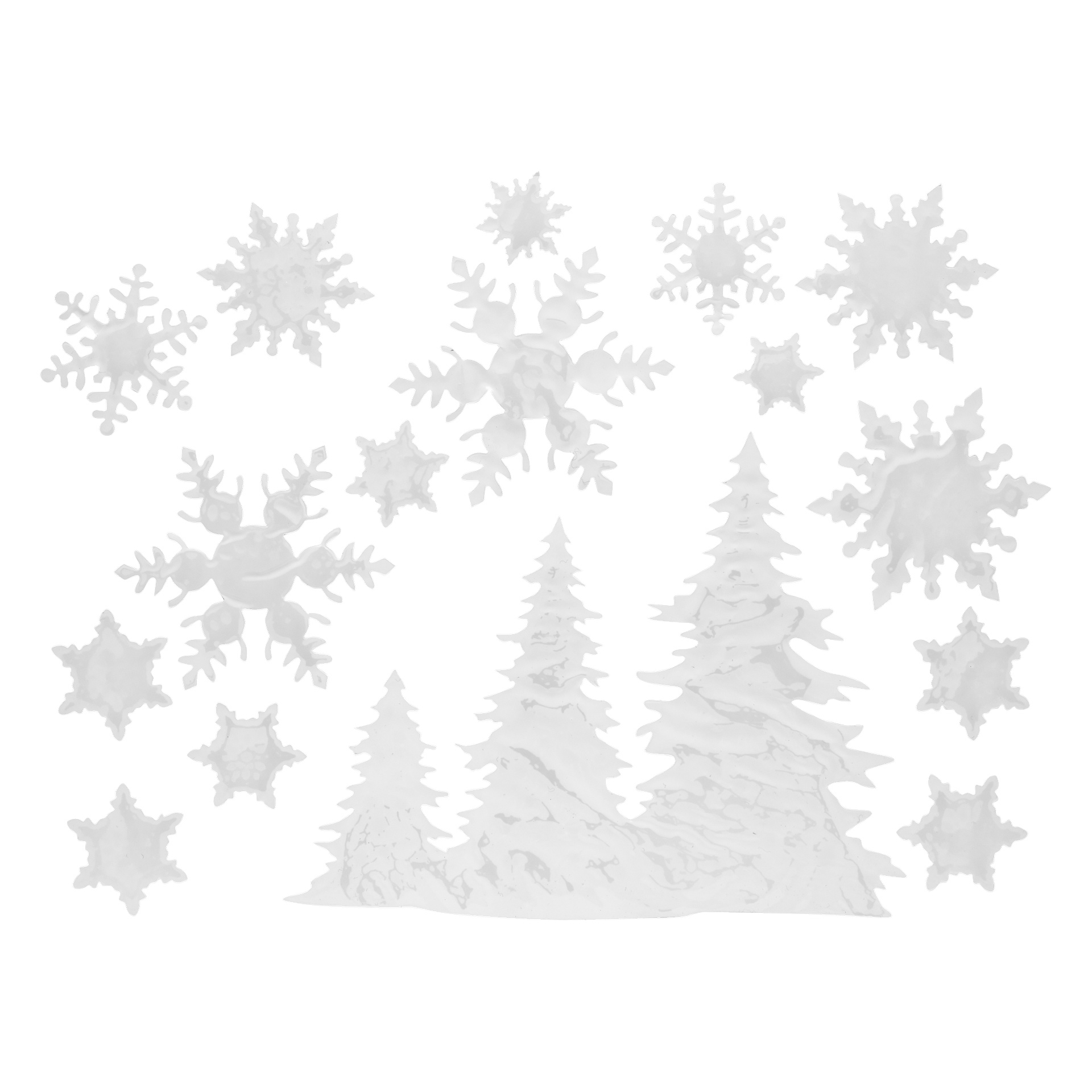 Dieses EKVIP-Fenstersticker-Set zeigt ein Weihnachtsthema mit schneebedeckten immergrünen Bäumen und einer Vielzahl von Schneeflocken in unterschiedlichen Größen und Stilen, alle in einer weichen, monochromen Farbpalette gestaltet.
