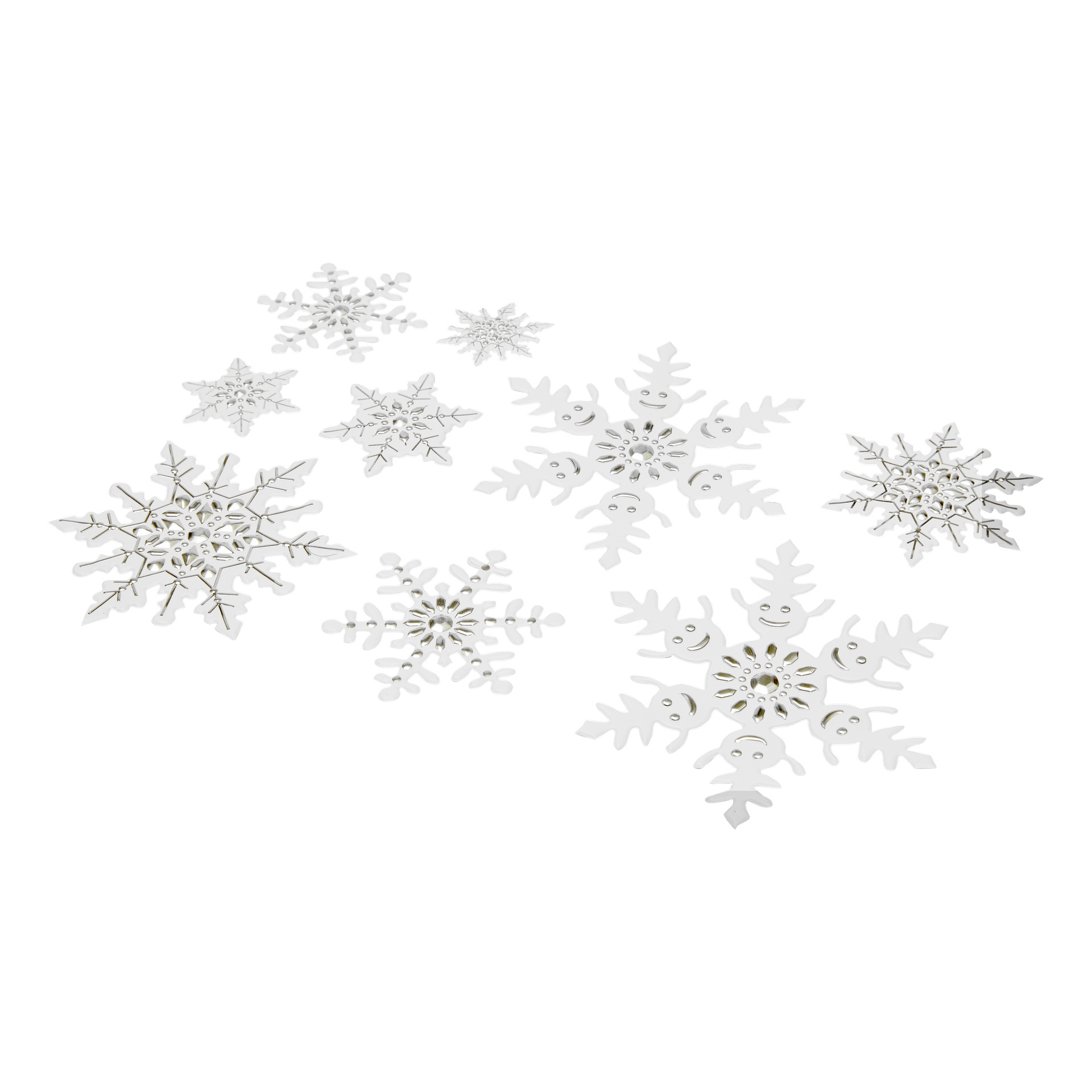 Neun EKVIP-Weihnachtsfensteraufkleber, die jeweils eine eigene weiße Schneeflocke in unterschiedlichen Größen und Stilen zeigen, sind zusammen zu sehen.