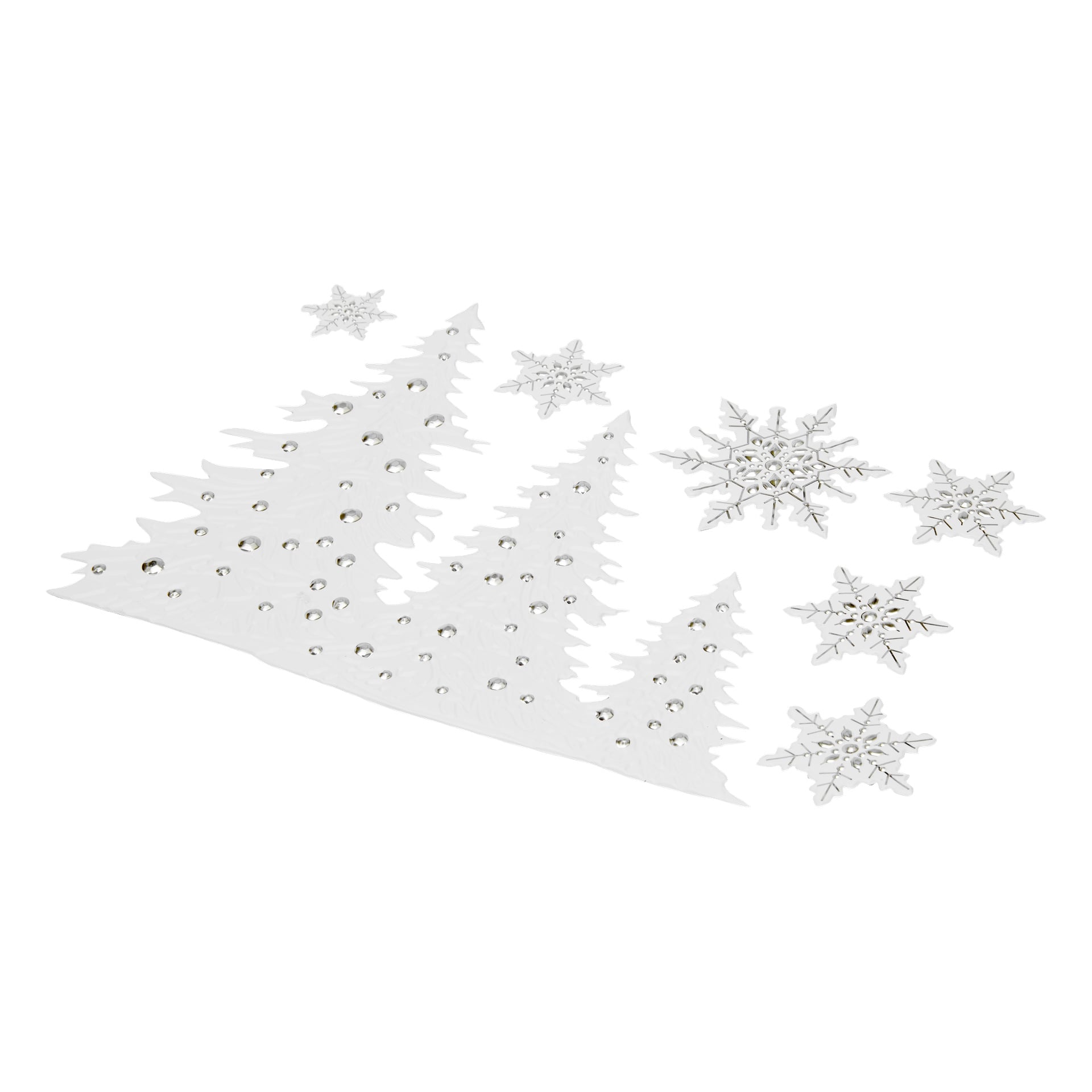Drei weiße, stilisierte Weihnachtsbäume, verziert mit silbernen Punkten, sind neben vier kunstvoll detaillierten silbernen Schneeflocken aus den EKVIP Fensterstickern mit Weihnachtsthema zu sehen.