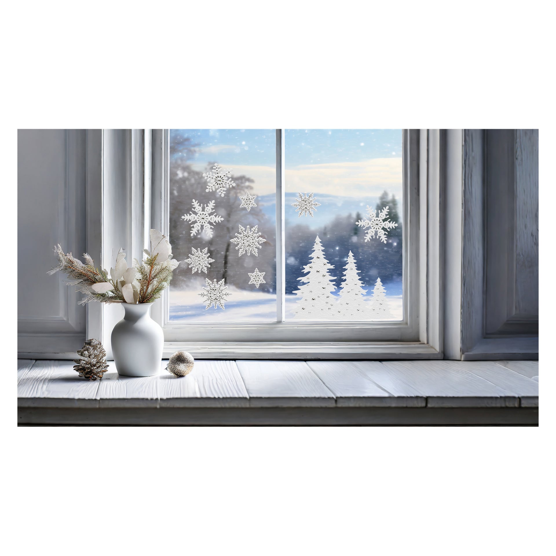 Auf der Fensterbank steht neben zwei Kiefernzapfen eine weiße Vase mit Kiefernzweigen gefüllt. Weihnachtsthematische EKVIP Fensteraufkleber, die weiße Schneeflocken und Baummotive zeigen, schmücken die Fensterscheibe. Hinter dem Glas erhebt sich eine winterliche Landschaft mit schneebedecktem Boden, verstreuten Bäumen und einem bewölkten Himmel.