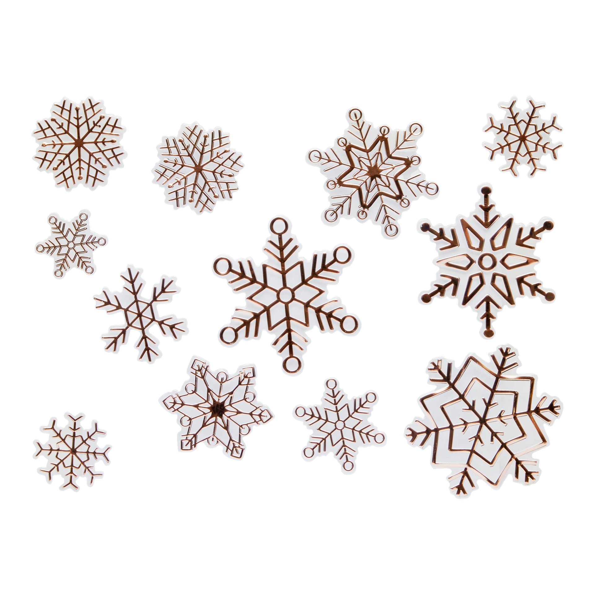 EKVIP-fönsterklistermärken med jultema visar tolv unikt mönstrade snöflingor med bruna konturer, var och en med tunna, skarpa geometriska linjer.