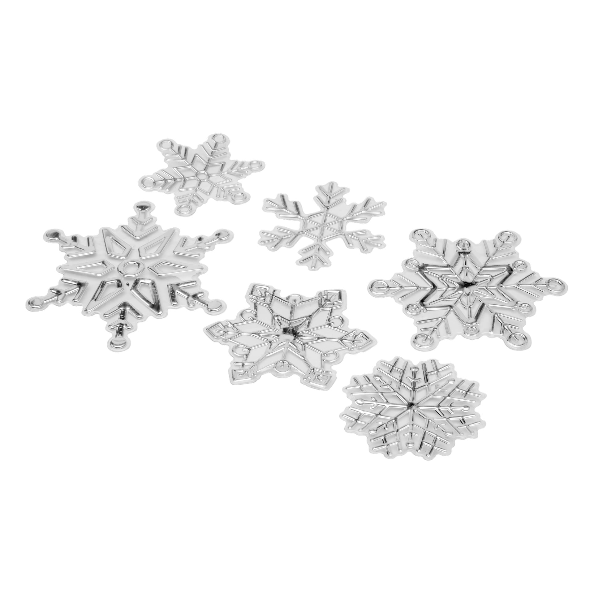 Sex EKVIP silverfärgade metalliska fönsterklistermärken med geometriska snöflingor och juldekorationer visas.