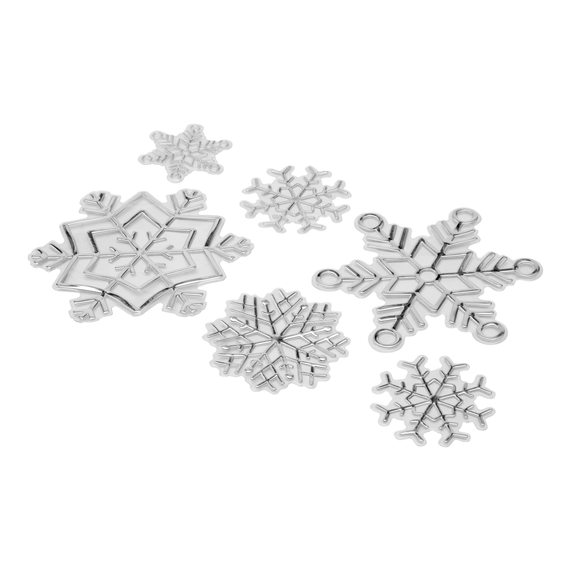 Fem EKVIP jultematiska fönsterklistermärken visar unika snöflingemönster, var och en med intrikata kanter och mönster, arrangerade tillsammans.