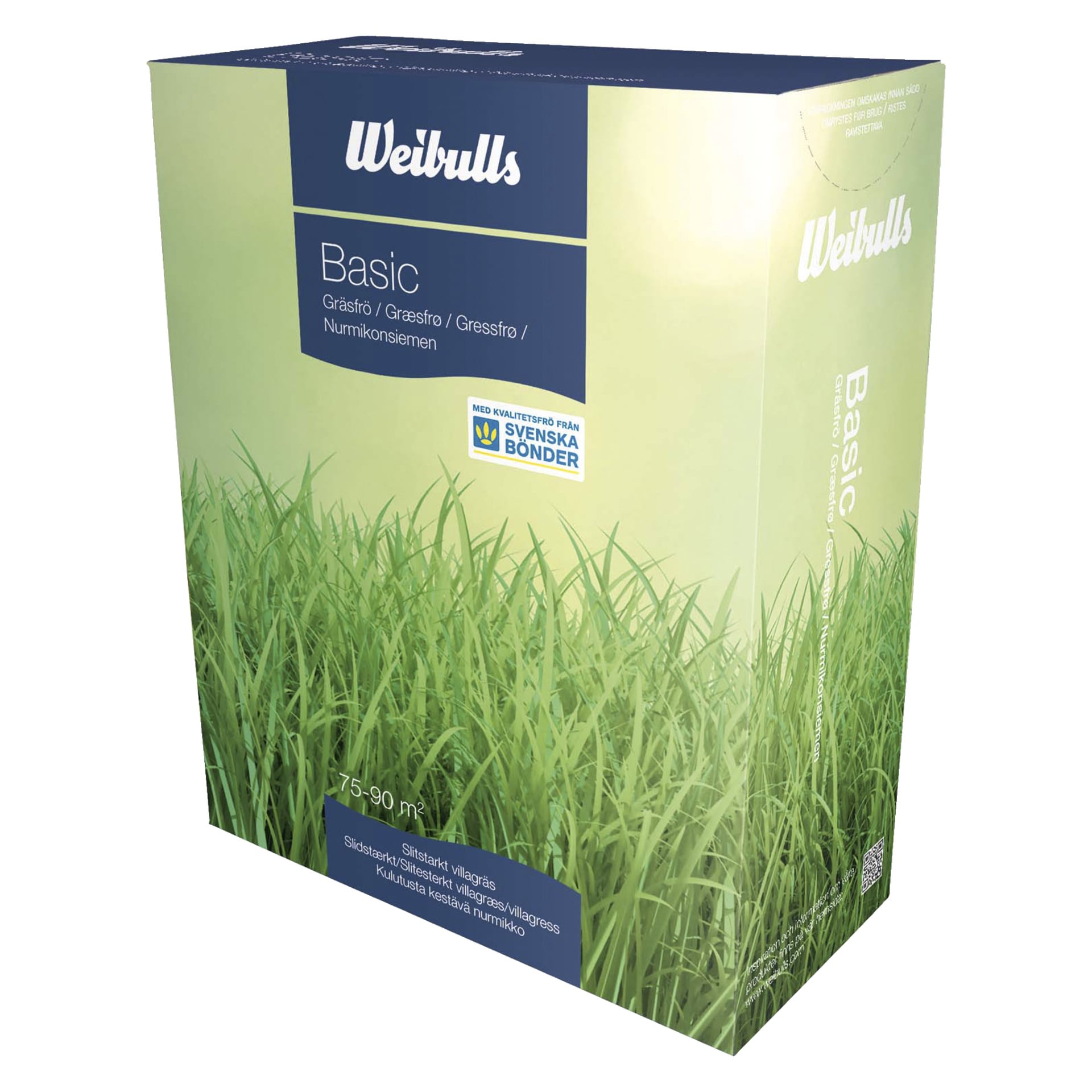 En eske med Weibulls Grass Seeds Basic viser et bilde av frodig grønt gress og tekst som fremhever kvaliteten med en blå og gul etikett. Pakken inneholder nok frø til å dekke 75–90 kvadratmeter.