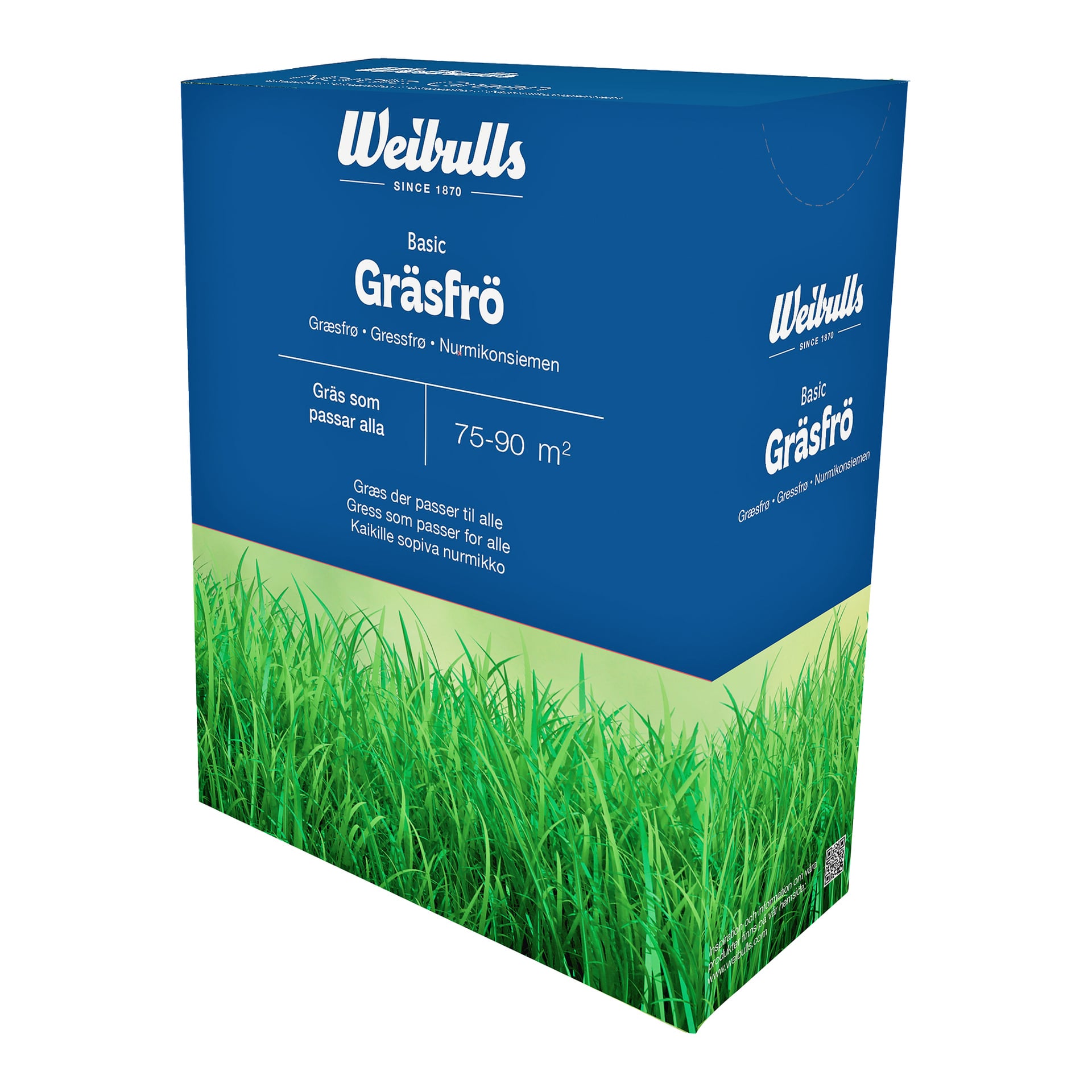 En grønn og blå eske med Weibulls Grass Seeds Basic vises. Emballasjen oppgir at den dekker 75–90 kvadratmeter og inkluderer tekst over bilder av gress.