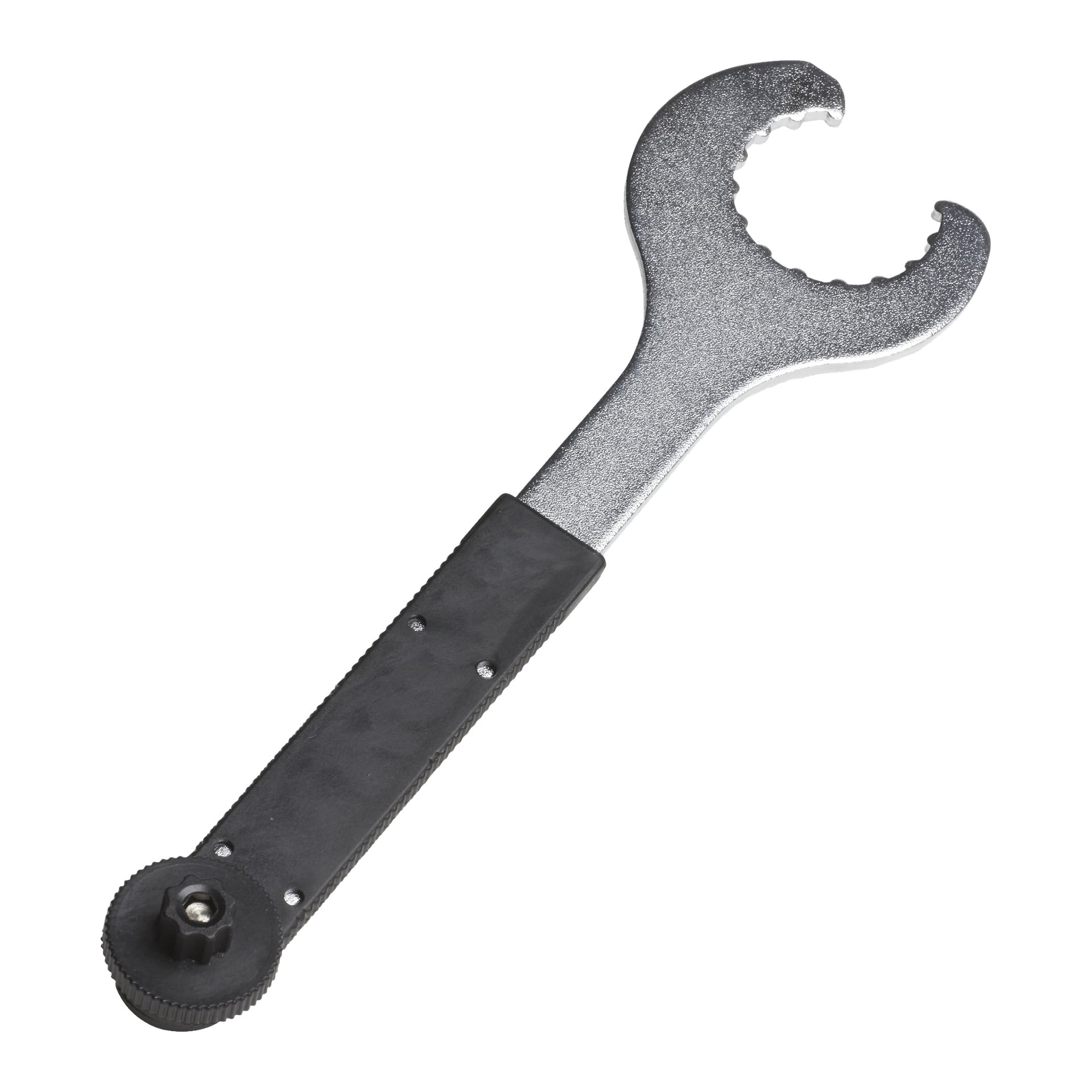Kayoba Crank-lagerdragaren har ett halvcirkelformat, tandat metallhuvud och ett svart handtag med en roterande justeringsknapp i basen.