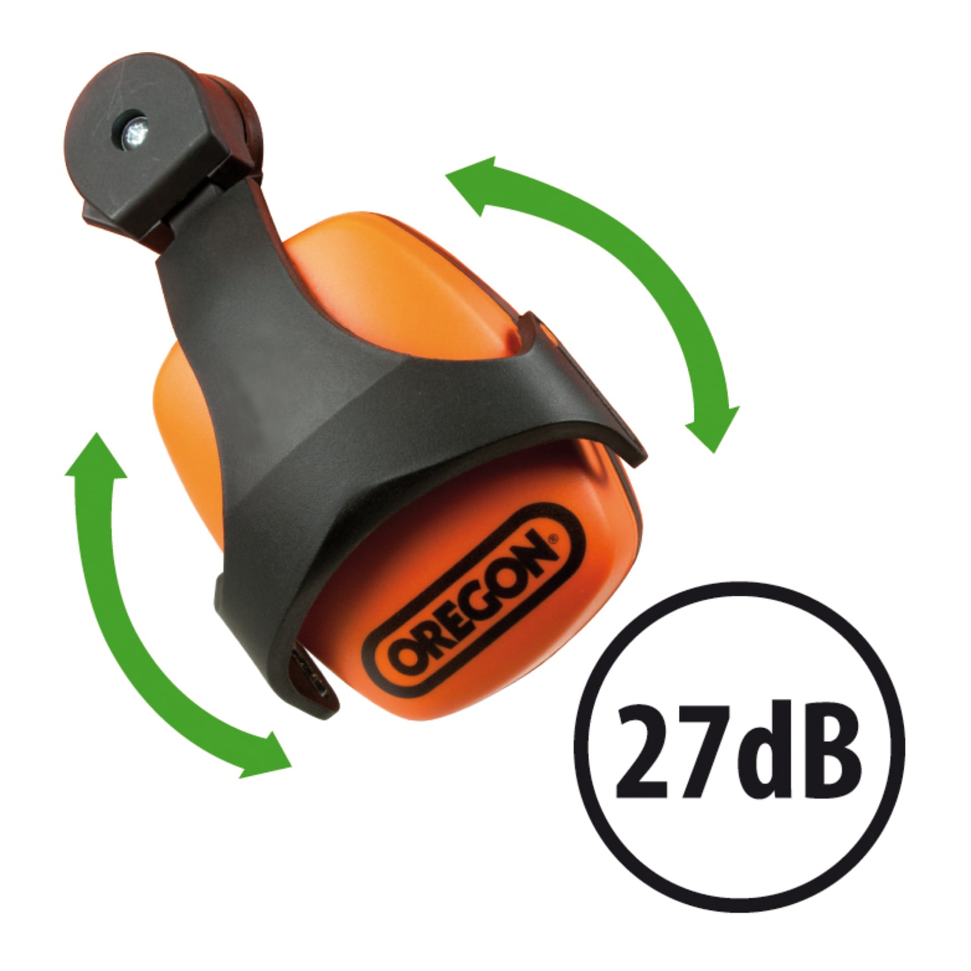 En orange och svart Oregon Safety Helmet Set Waipoua-öronmuff visas, med gröna pilar som betonar rotationsfunktionen. En cirkulär grafik markerar en brusreducering på "27 dB".