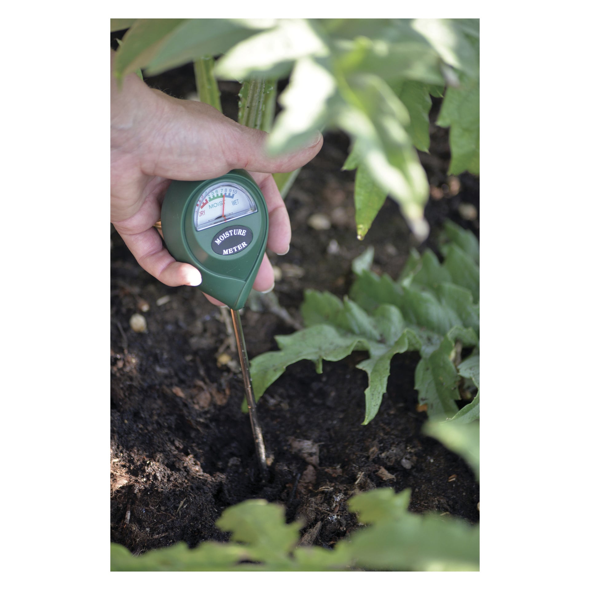En hand greppar Nelson Garden Moisture Meter, som placeras i mörk jord omgiven av grön växtlighet för att kontrollera markfuktigheten.