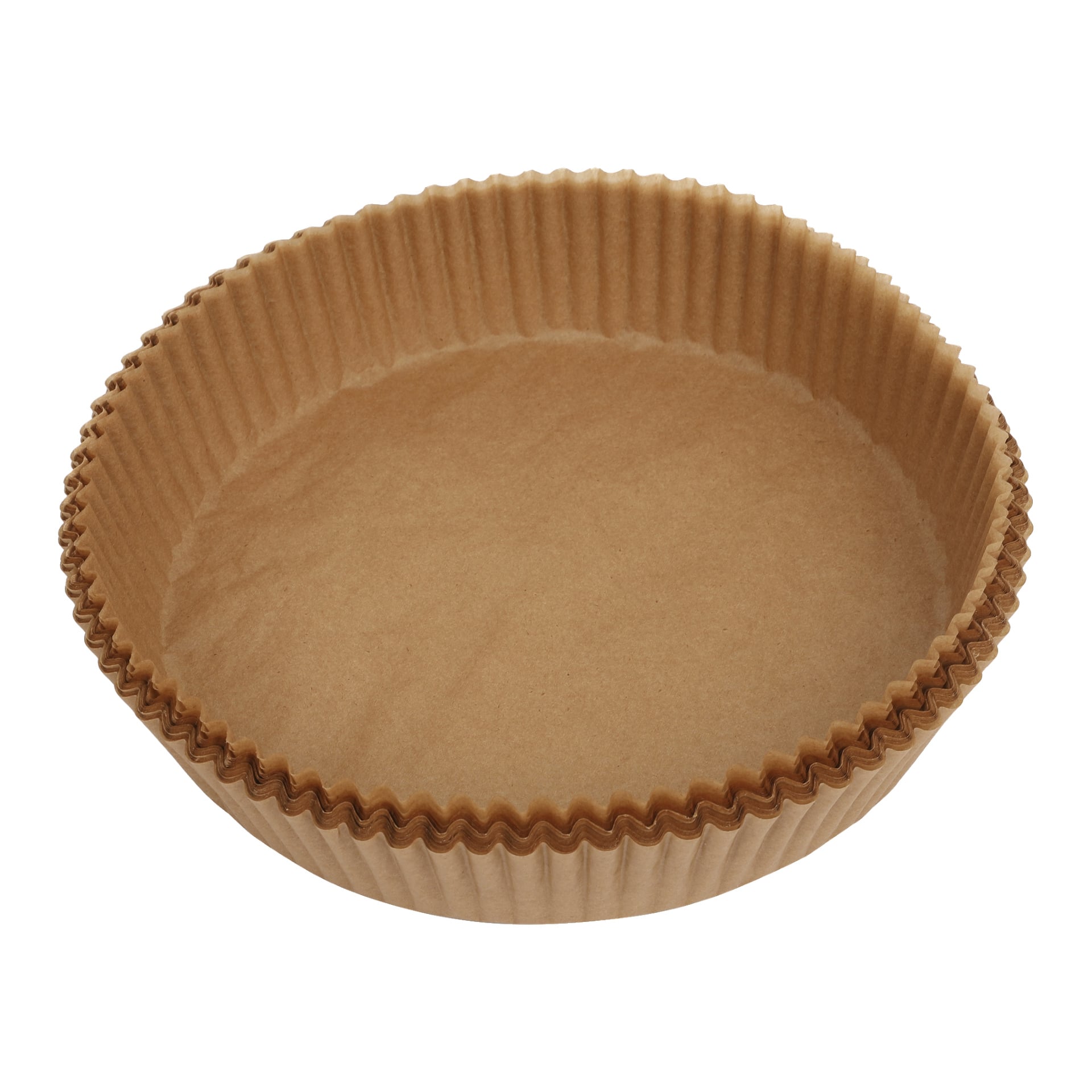 En topvy av ett runt bakpapper med räfflade sidor för airfryers, 50-pack från Menuett.
