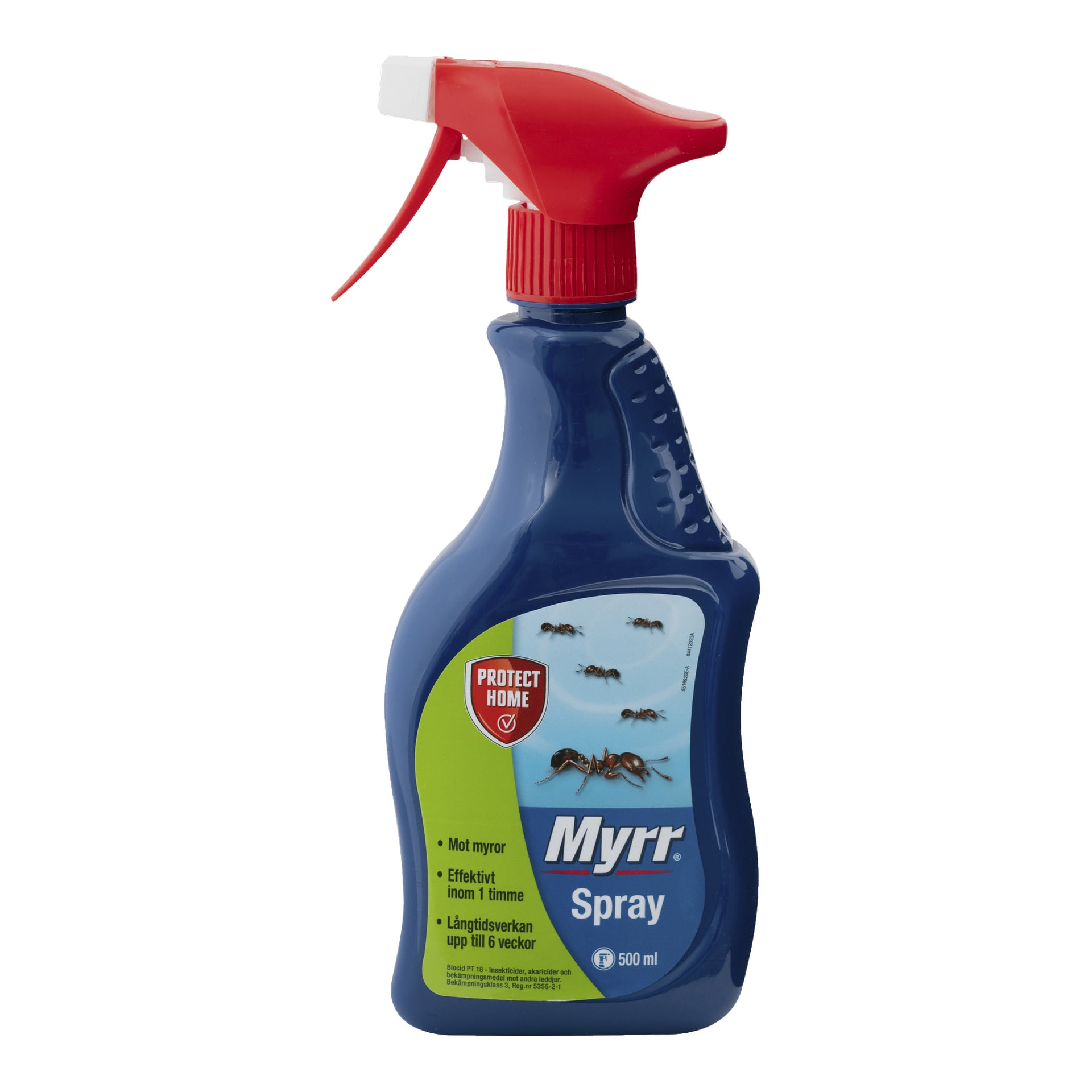 En blå sprayflaska med en röd avtryckare, som rymmer 500 ml, med en etikett som visar myror och lyder "Insektsspray Myrr Spray." Förpackningen visar snabb effektivitet mot myror inom en timme och lovar upp till sex veckors skydd.