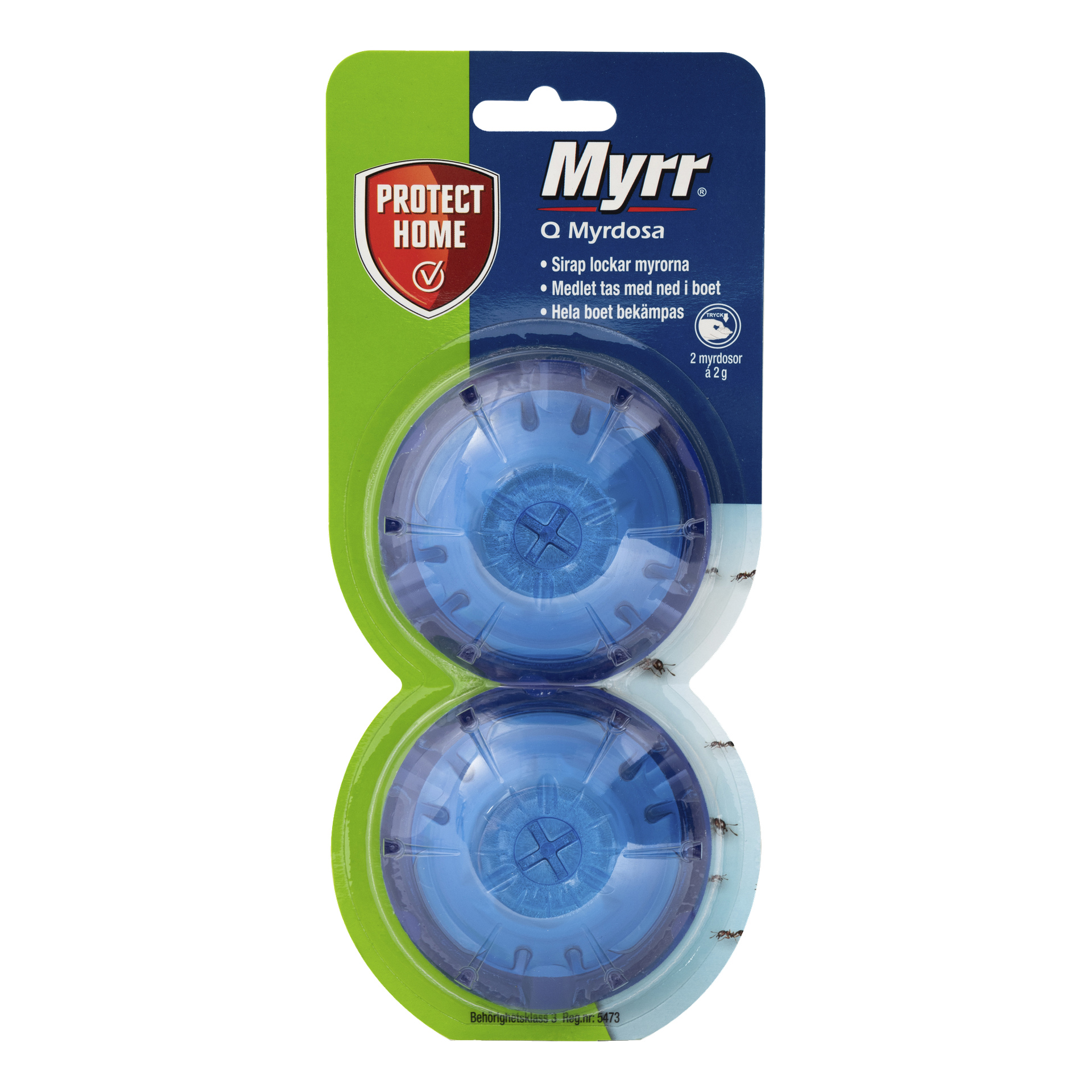 Två blå, runda myrbetesfällor i plastförpackning märkta "Ant boxes Myrr Q 2 pack", med text som beskriver produkten som myrbete. Förpackningen har en grön och blå design och visar Protect Home-logotypen i rött uppe till vänster.