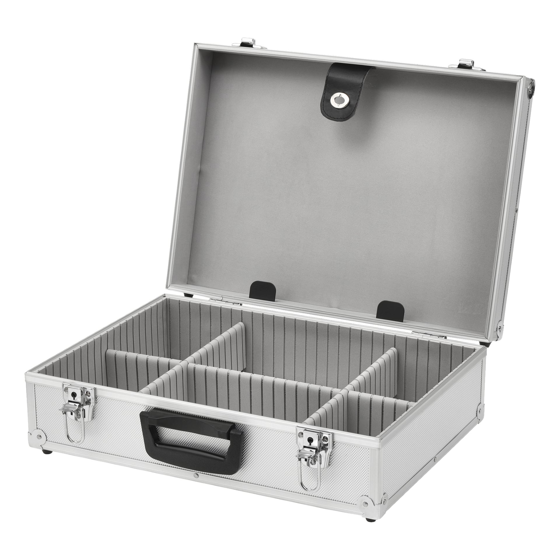 Ett öppet Hard Head Aluminium-fodral med avdelare visar sex vadderade rektangulära fack placerade i en ljusgrå interiör. Det robusta silverfodralet har ett svart handtag och säkra lås, och dess upphöjda lock stöds av en svart rem fäst med en tryckknapp.