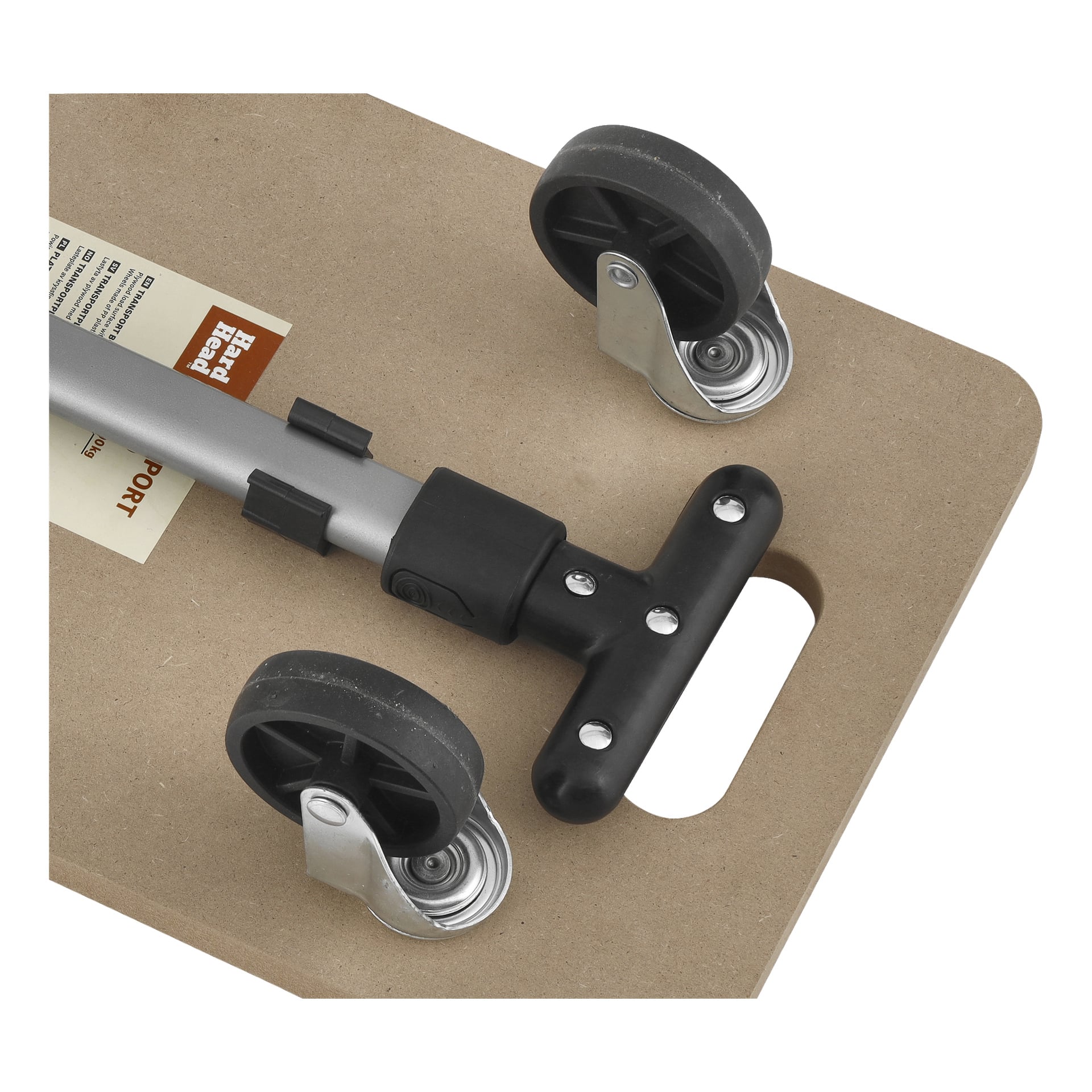 Zbliżenie na uchwyt Hard Head Handle dla wózka transportowego przedstawia dwa obrotowe koła casterowe, czarną plastikową rączkę przymocowaną do srebrnego metalowego pręta oraz fragment etykiety produktu po lewej stronie z napisem Hard Head.