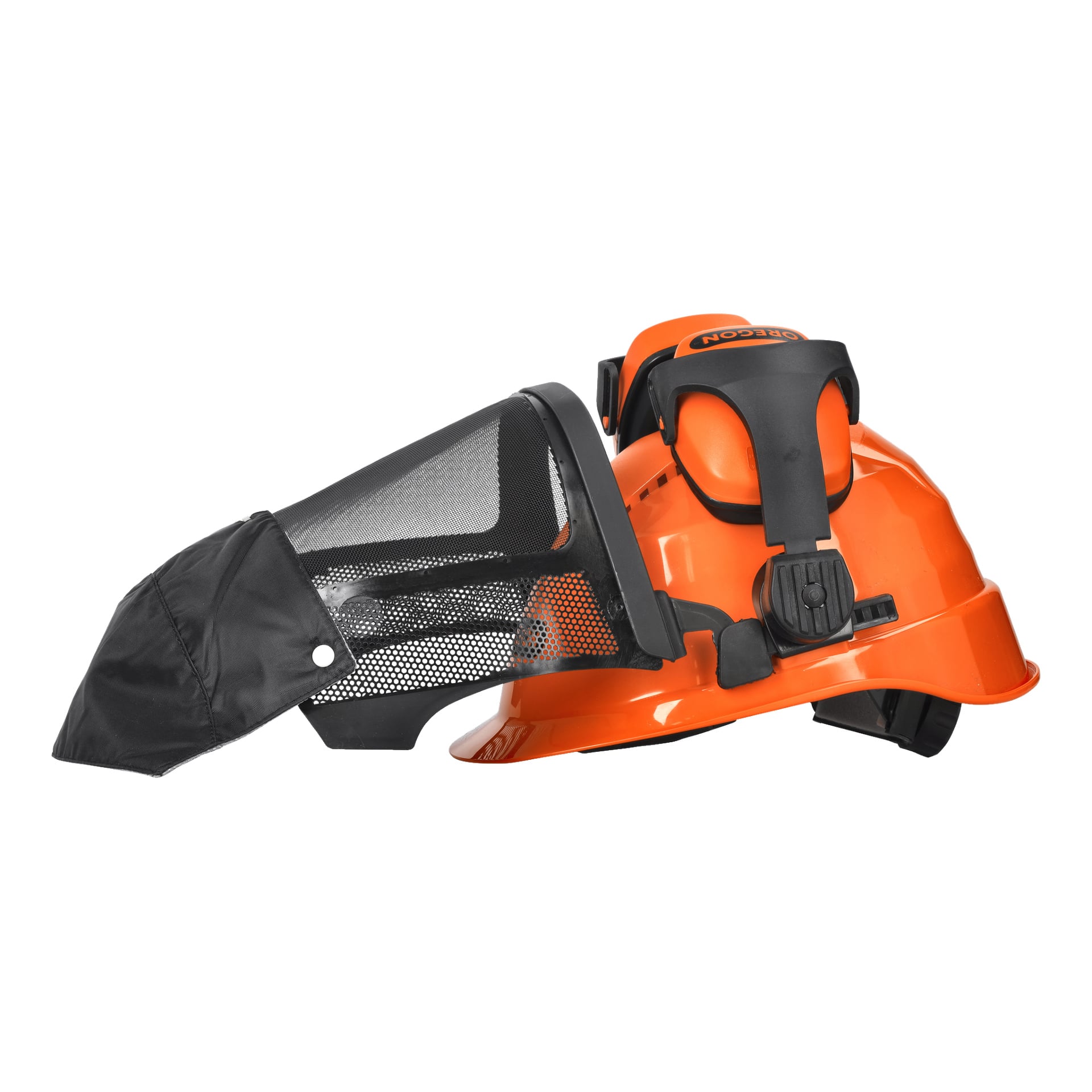 En orange säkerhetshjälm kallad Oregon Safety Helmet set Waipoua, med svart nätskydd och hörselskydd, lämplig för skogsbruk eller byggarbete.
