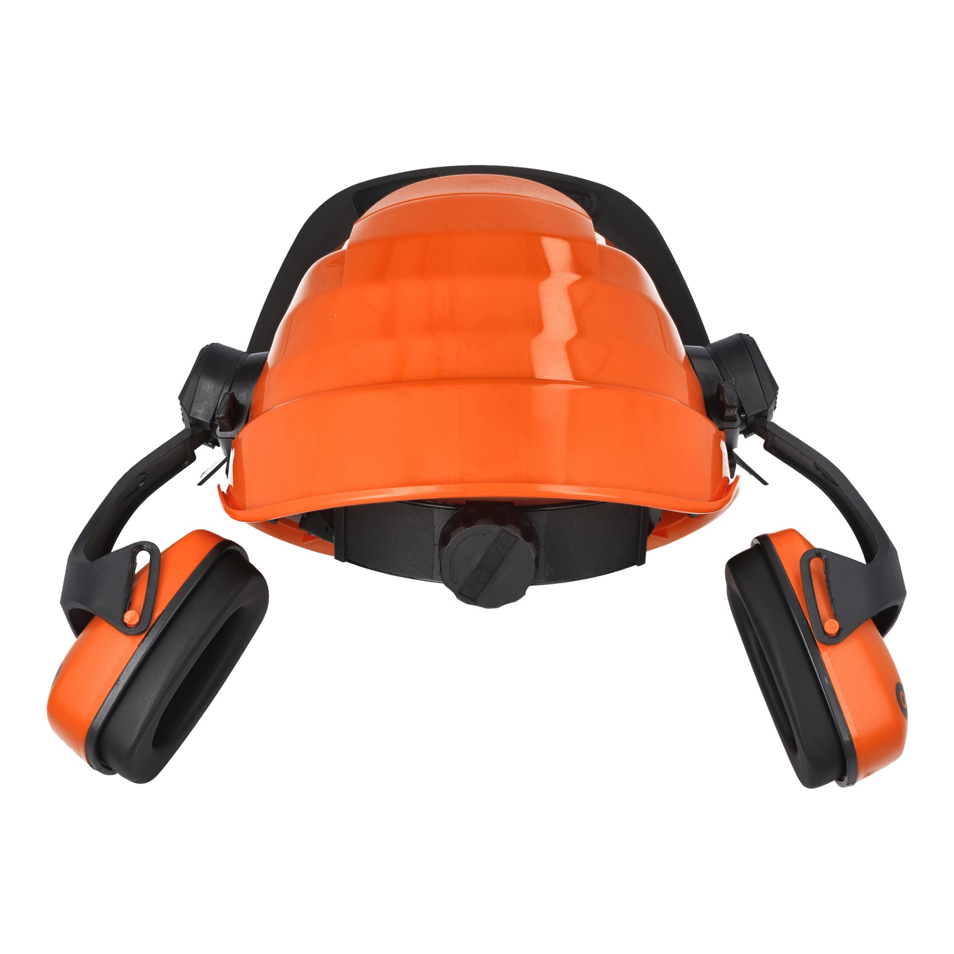 En klarorange Oregon Safety Waipoua-hjälm med fastsatta svarta och orange öronmuffar, sedd framifrån och något ovanför.
