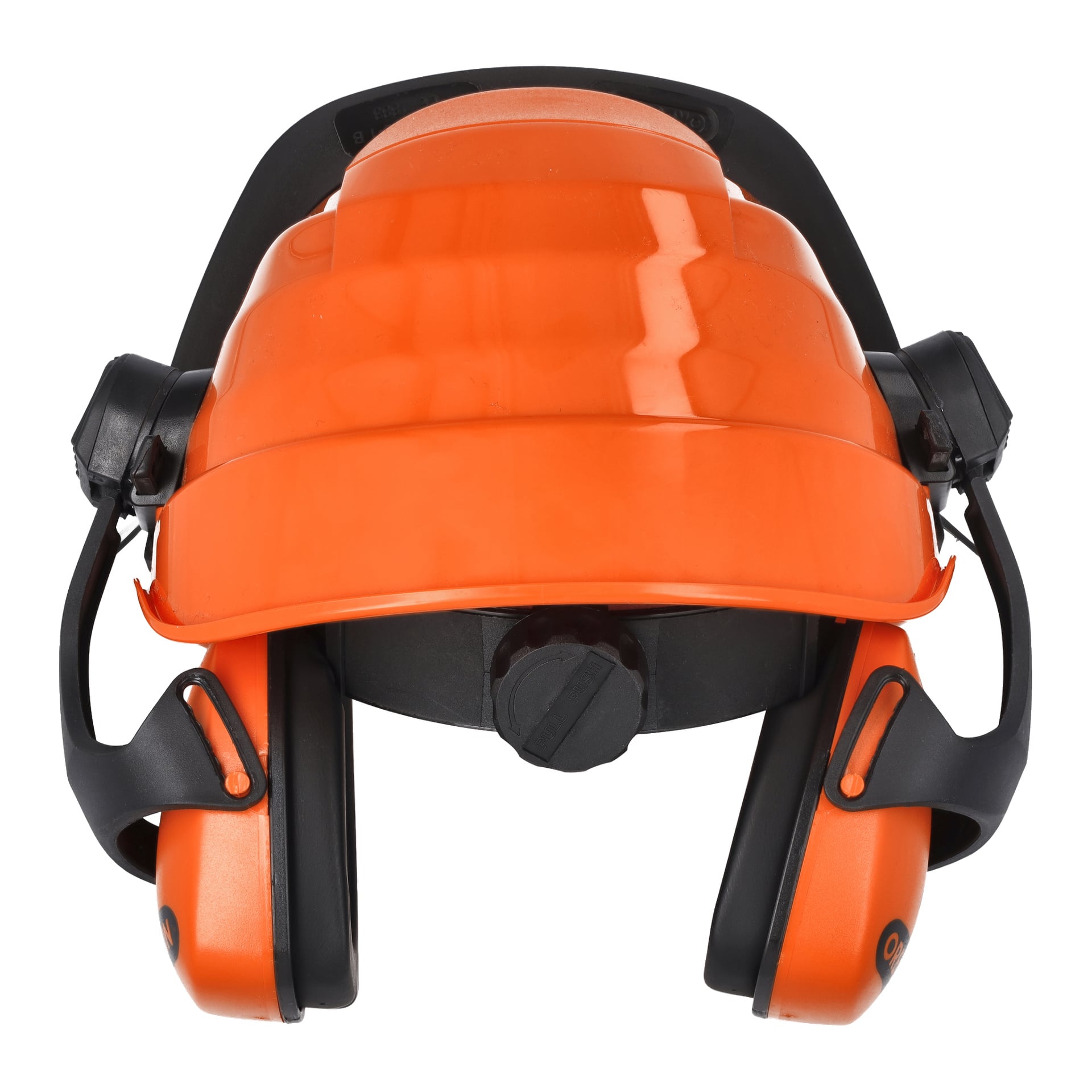 Oregon Safety hjälmset Waipoua har en livfull orange hjälm med integrerade svart-orange hörselskydd och transparent ansiktsskydd, avsedd för användning i industriella eller byggmiljöer.