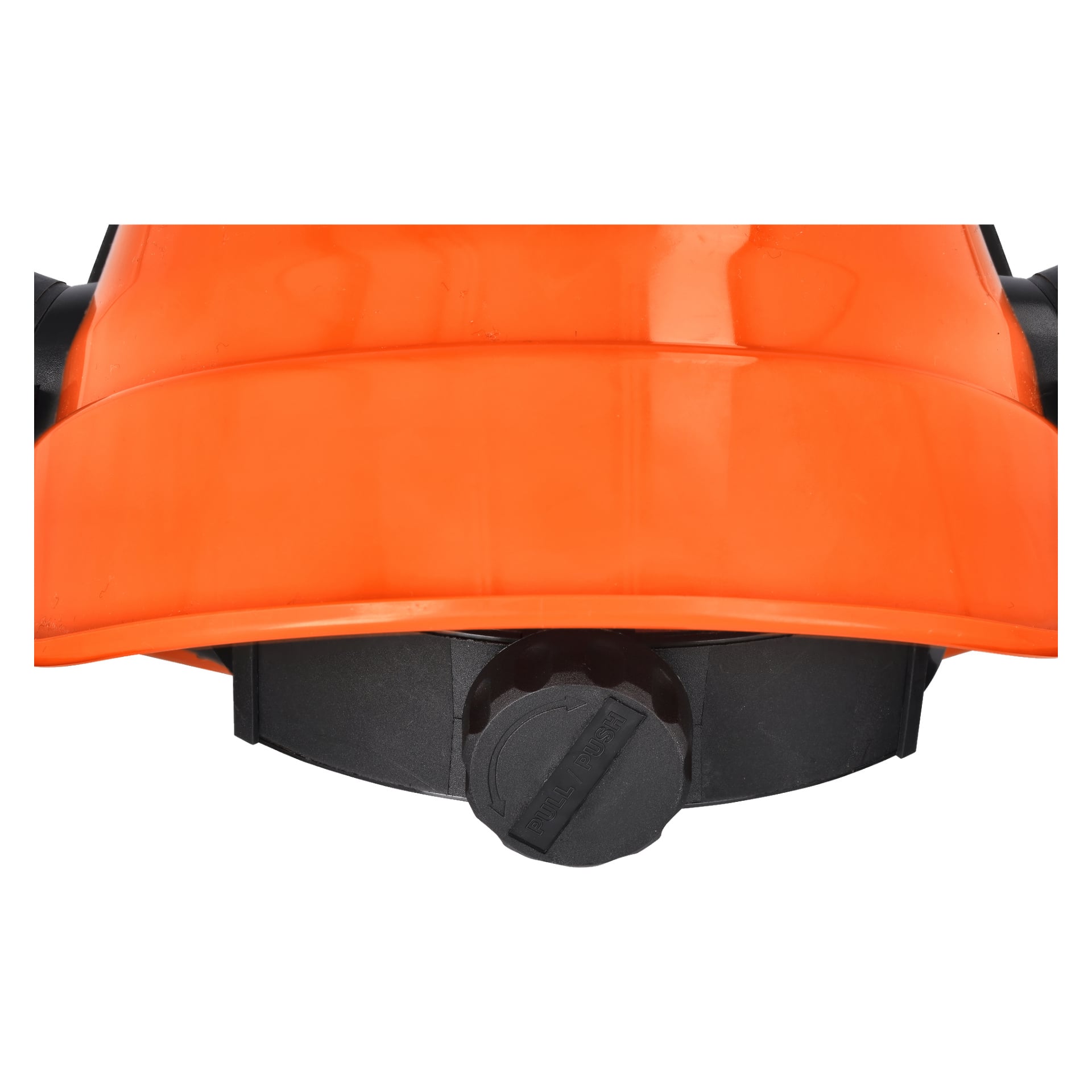Närbild av Oregon Safety hjälmset Waipoua, med en orange hjälm med en svart justeringsknopp bak, utformad för att justera pannbandet och ge en säker passform.
