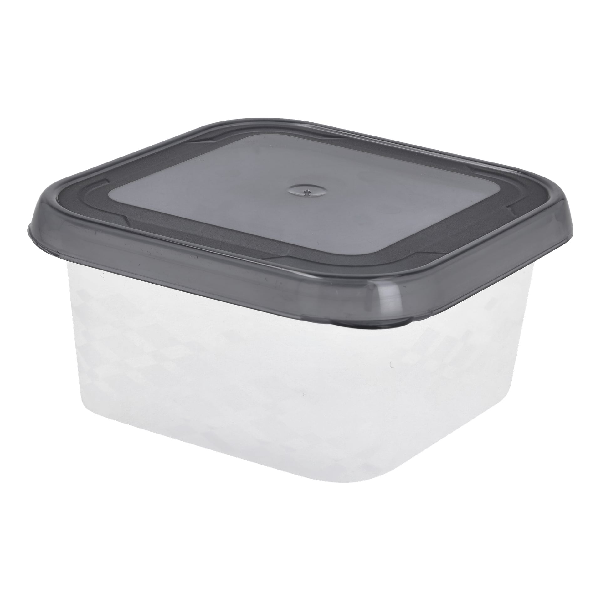 En Menuett Lunchbox med en genomskinlig rektangulär plastbehållare och ett mörkgrått lock visas tom, locket ordentligt fastsatt.