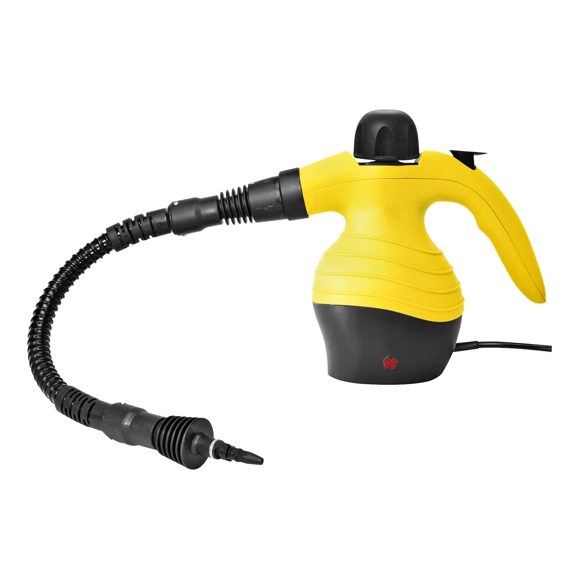 En handhållen Menuett Steam Cleaner med gul och svart färg, utrustad med en lång flexibel slang och munstycke.