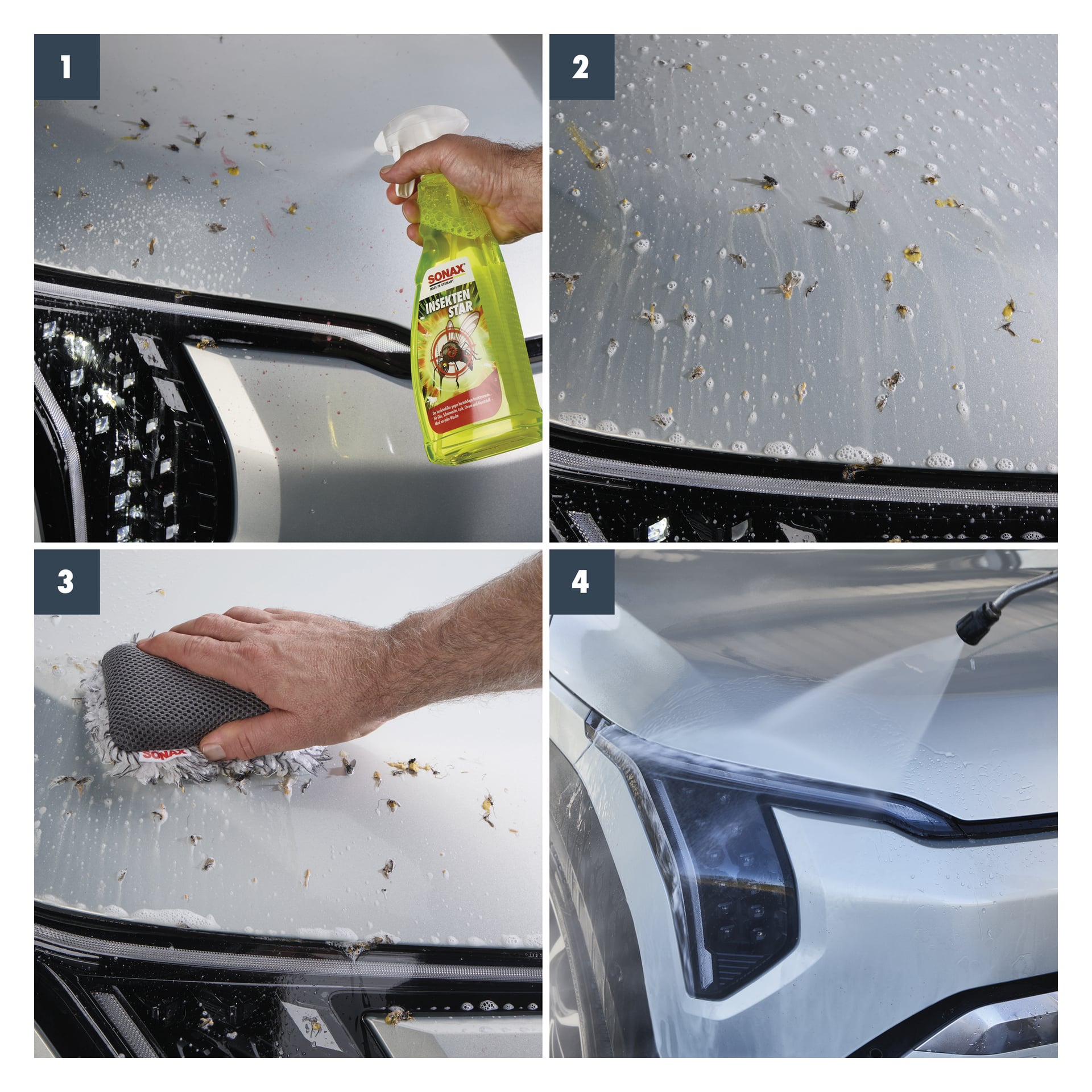 Sonax insektfjerner i bruk: spray på panseret i bilen, se etter eventuelle insekter, skrubb med såpeunderlag, og skyll deretter for en plettfri overflate.
