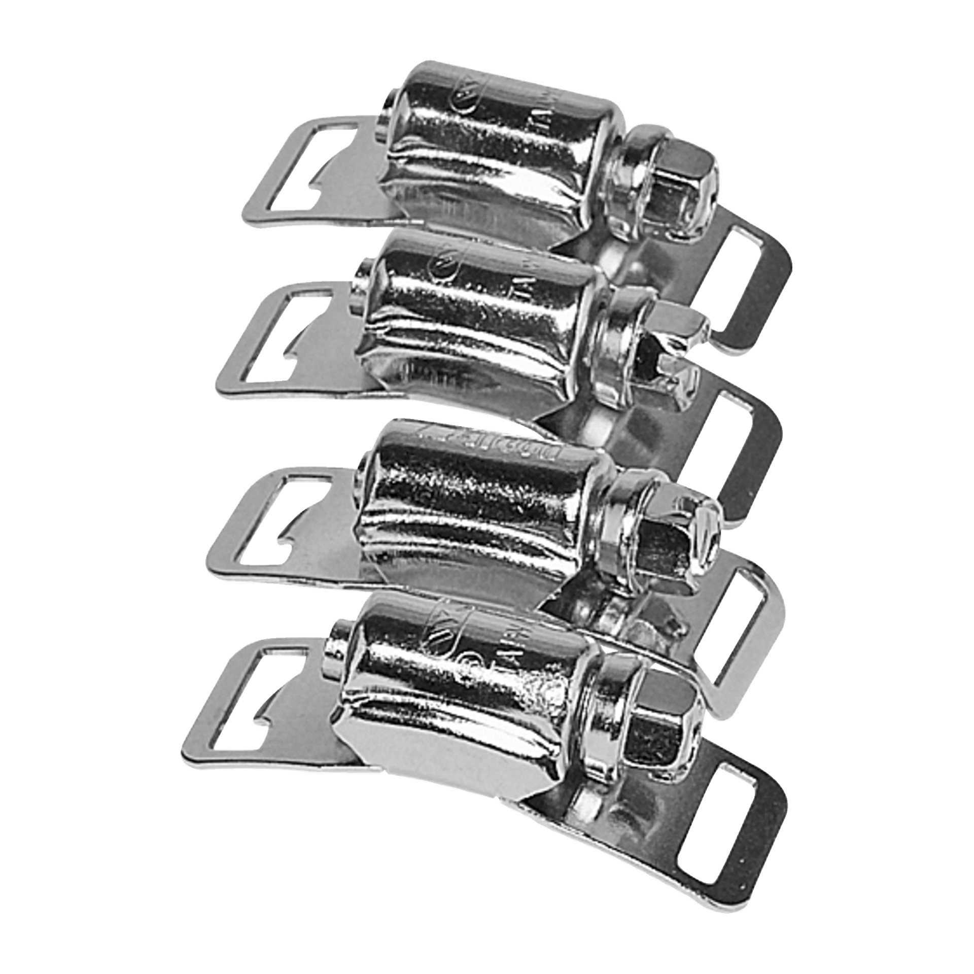 Nio blanka metallklämmor från Hard Head Hose-klämman är prydligt uppradade. Varje har ett cylindriskt band och en justerbar skruvmekanism.