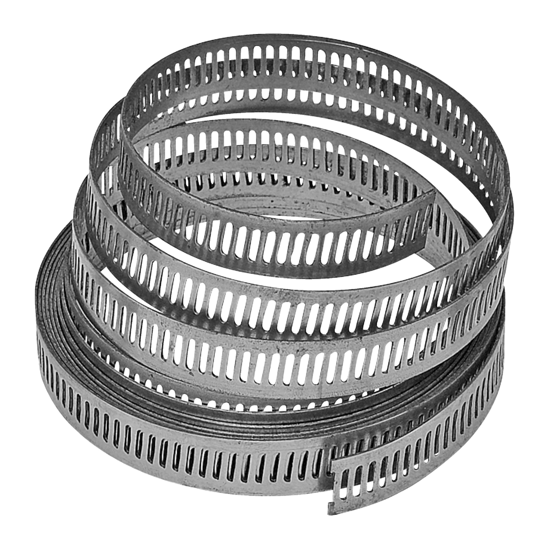 Nio Hard Head slangklämmor, var och en gjord av en spiralad metallremsa med regelbundet placerade rektangulära utskärningar längs längden, liknande perforerade band.