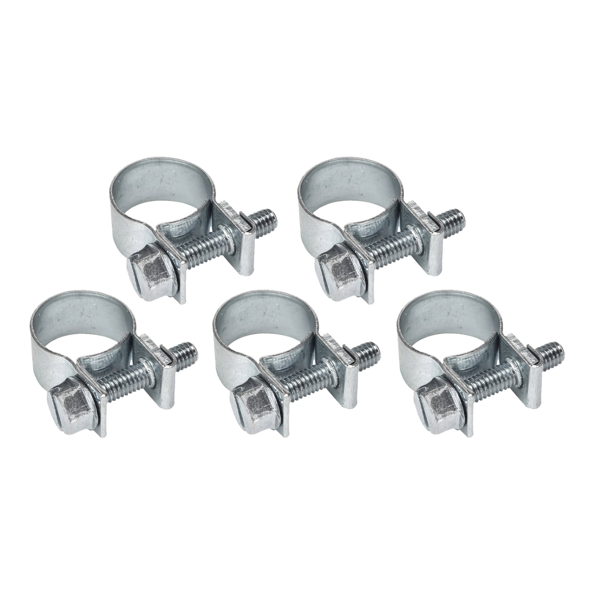 Fem Hard Head Hose Clips Mini, paket om 5, visas i två rader. Varje silverklämma har en bult och mutter för åtdragning.