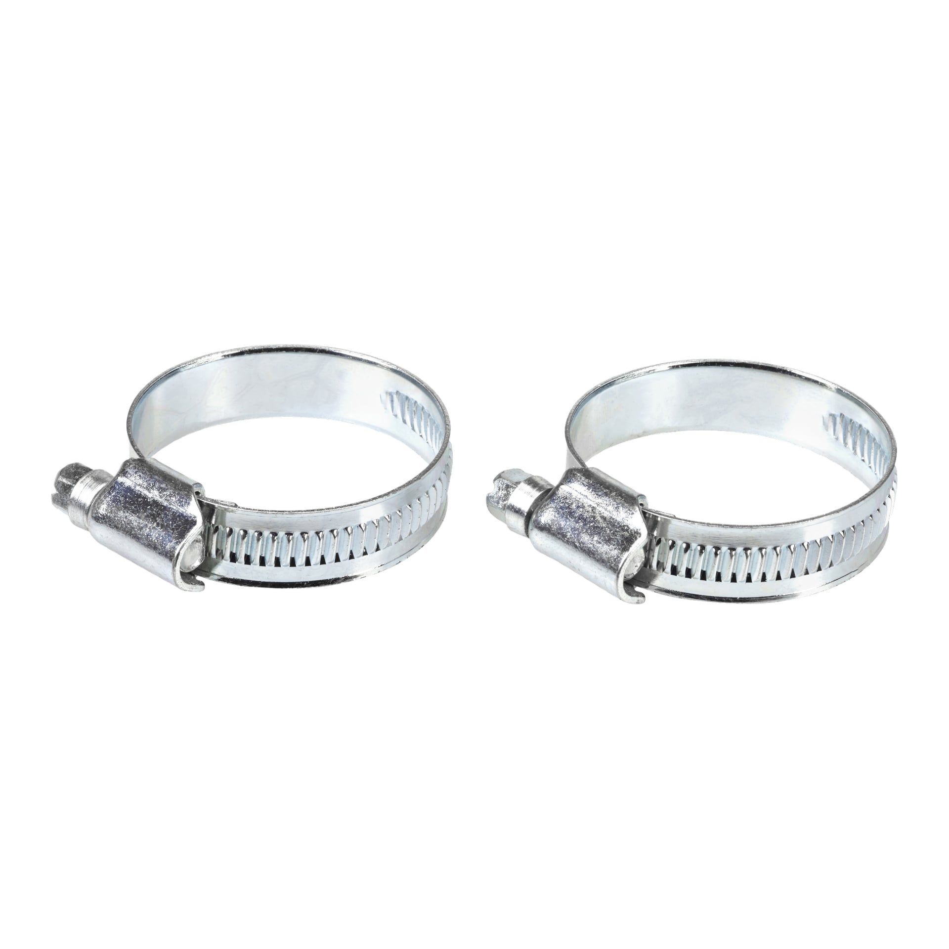 Två Hard Head Hose-klämmor från en 2-pack är placerade bredvid varandra. Varje klämma har ett räfflat metallband och ett slitsat skruvhus för att justera tätheten runt slangar eller rör.