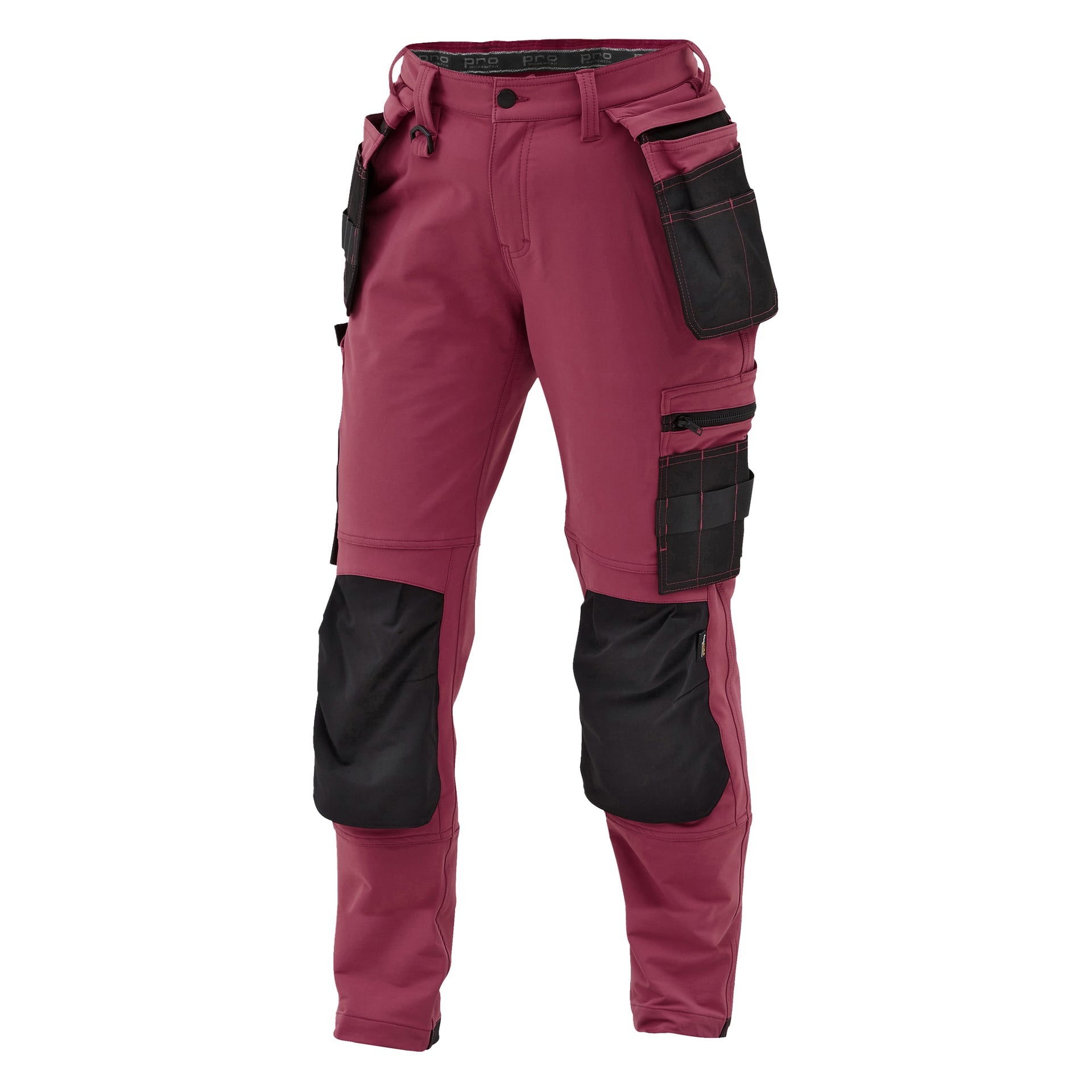 Die Damenarbeitshosen Stella von Bluewear Pro Workwear werden aufrecht präsentiert, aus kastanienbraunem Stoff mit mehreren schwarzen Utility-Taschen und verstärkten schwarzen Kniepatches.