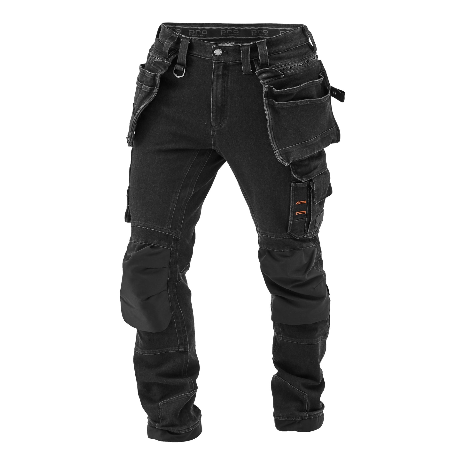 Herrbyxor från Steve Denim från Bluewear Pro Workwear, designade med flera cargofickor, förstärkta knäområden och orange accentsömmar. Byxorna är synliga framifrån i en lätt vinkel och är ofyllda.