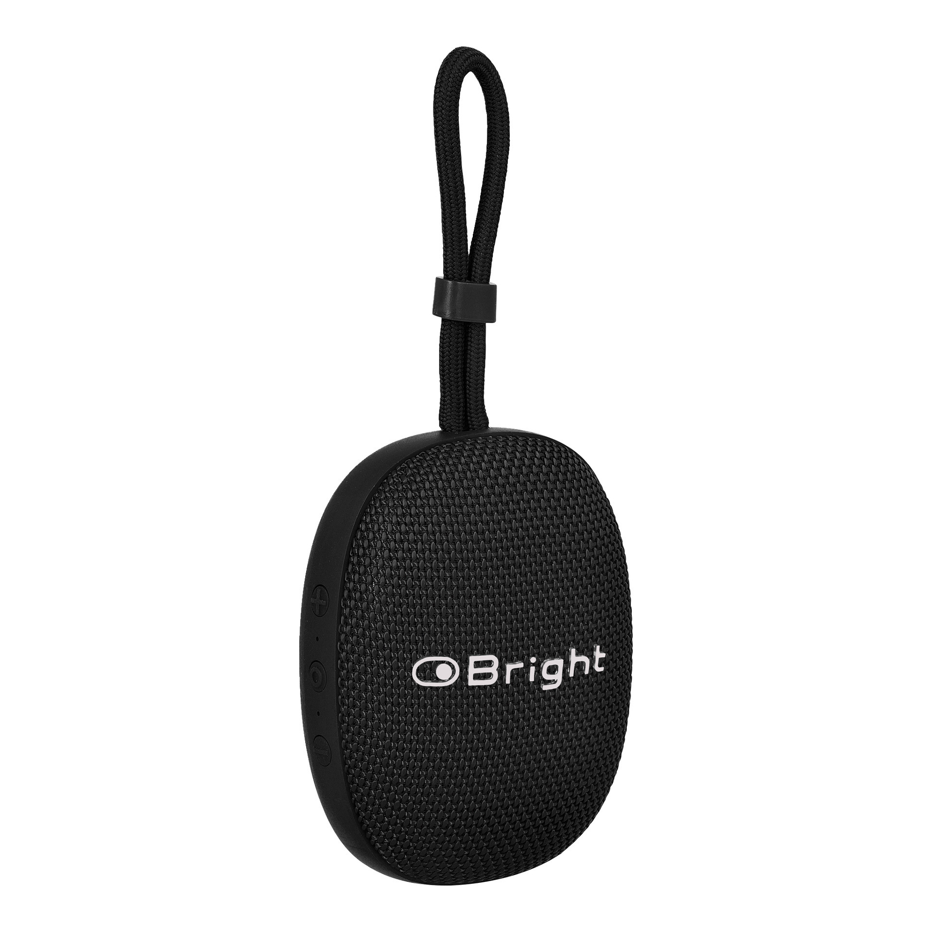 En svart, oval Bluetooth-högtalare från Bright med texturerad front, märkesnamnet synligt, sidoknappar och en loopad rem för enkel bärning.