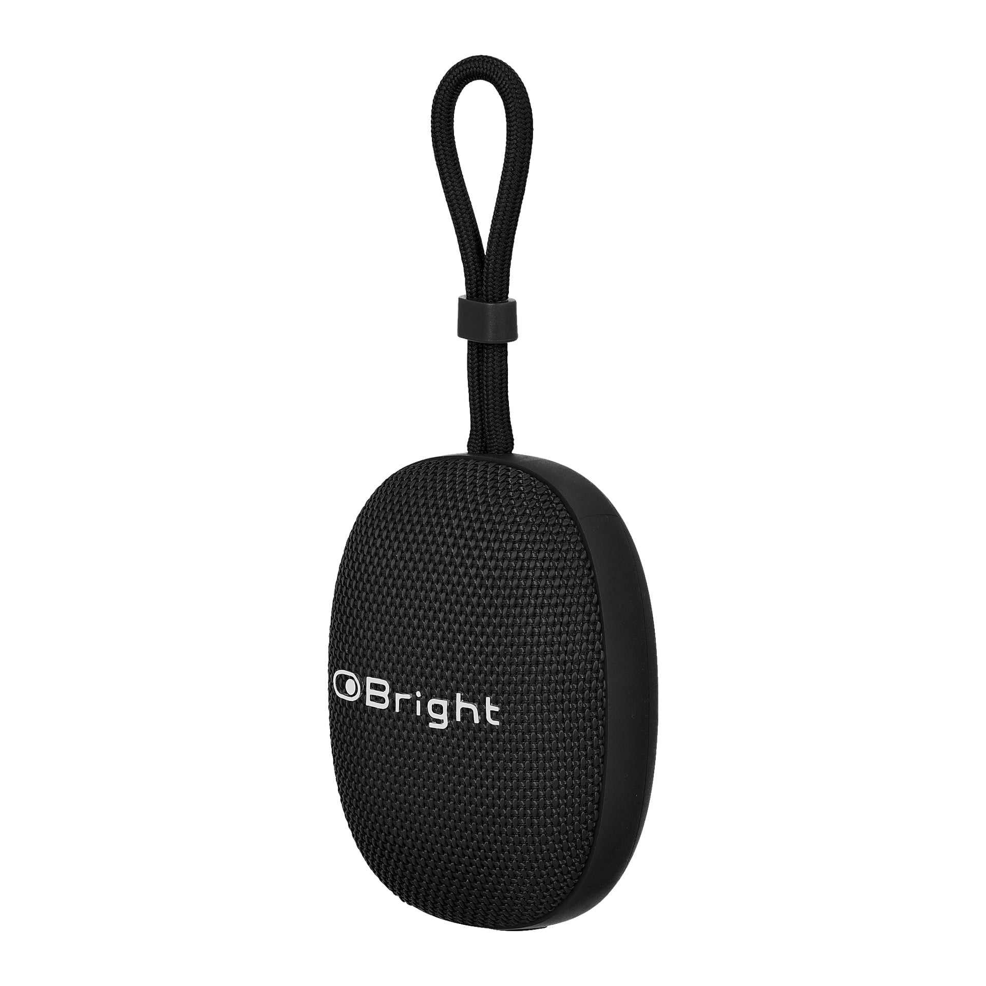 En Bright portabel Bluetooth-högtalare med en svart texturerad frontpanel och en svart bärrem som är upphängd upptill.