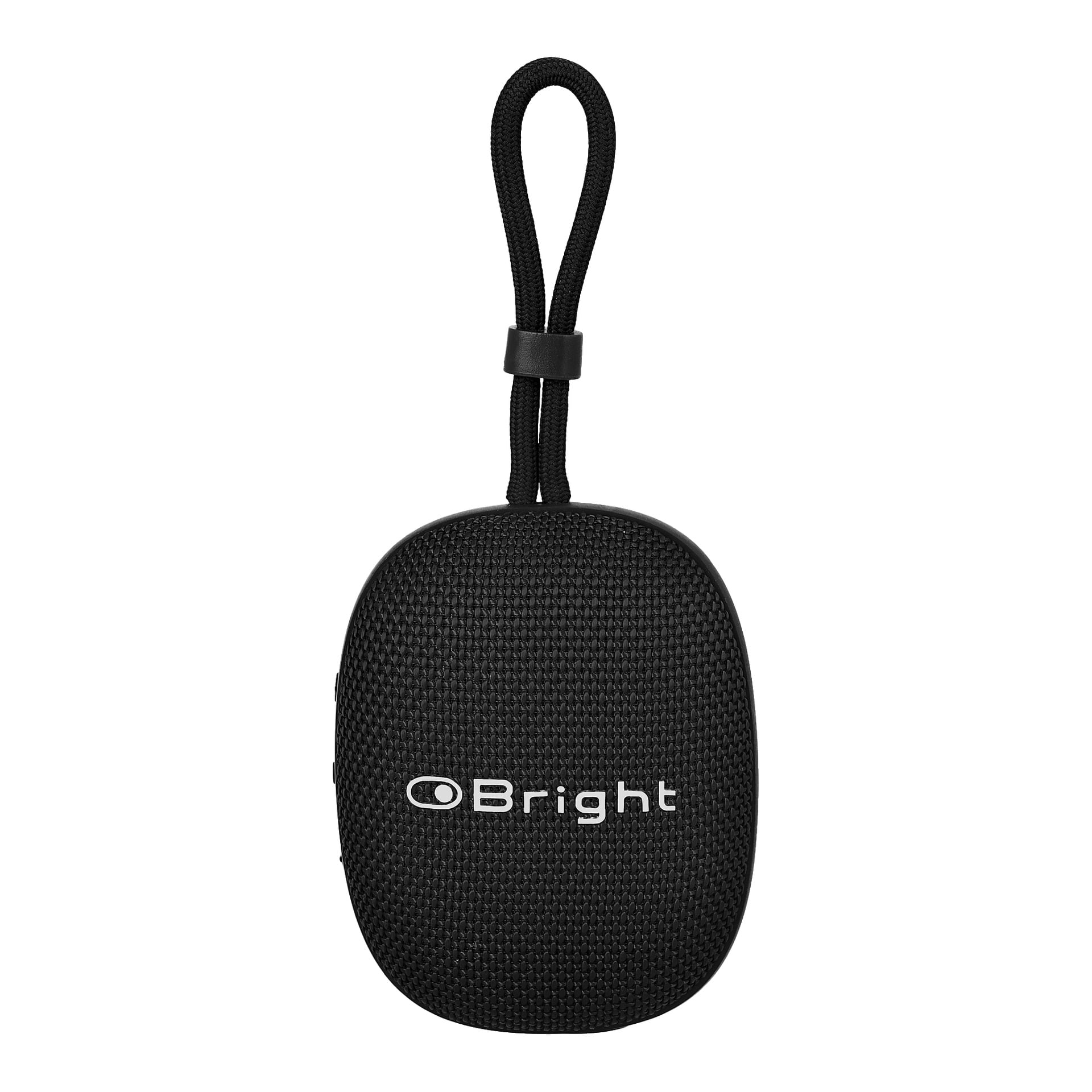 En portabel svart Bluetooth-högtalare från Bright med en texturerad utsida och ett integrerat svart rem för bekväm bäring eller upphängning.