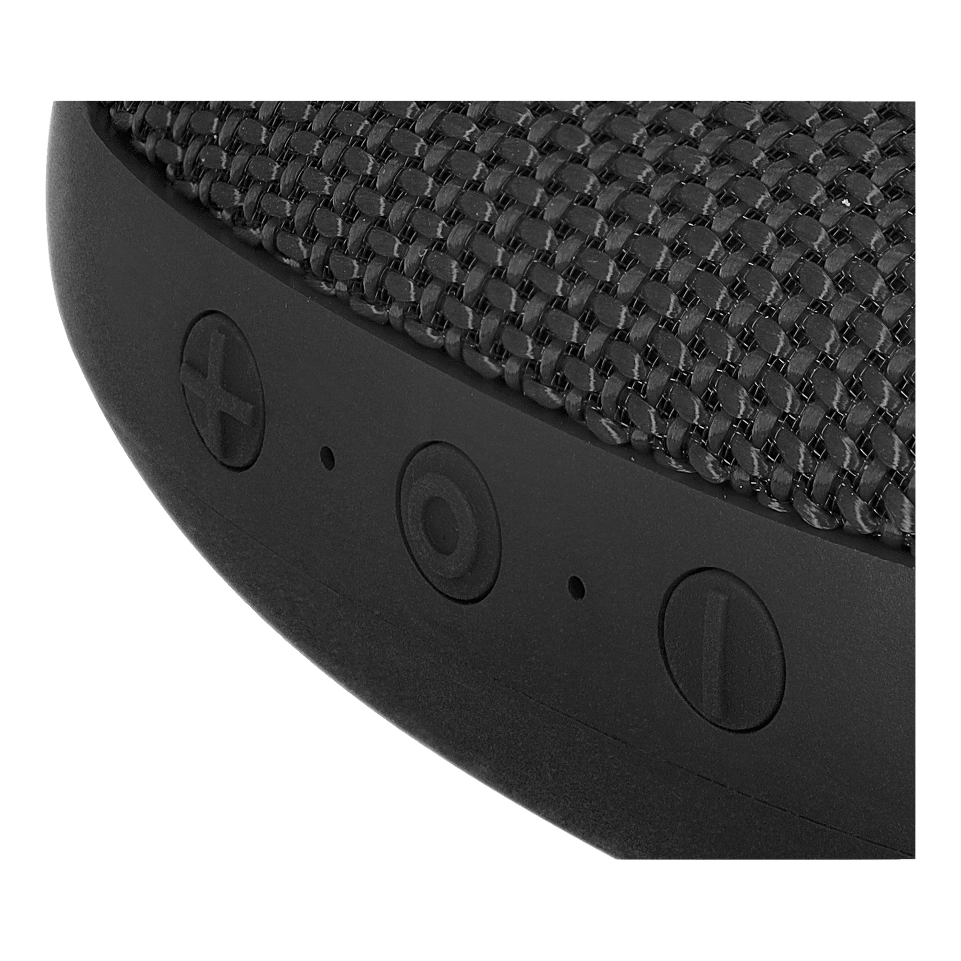 Närbild på en svart Bright Bluetooth-högtalare med en texturerad tygyta och tre runda knappar som visar plus-, cirkel- och strömsymboler.