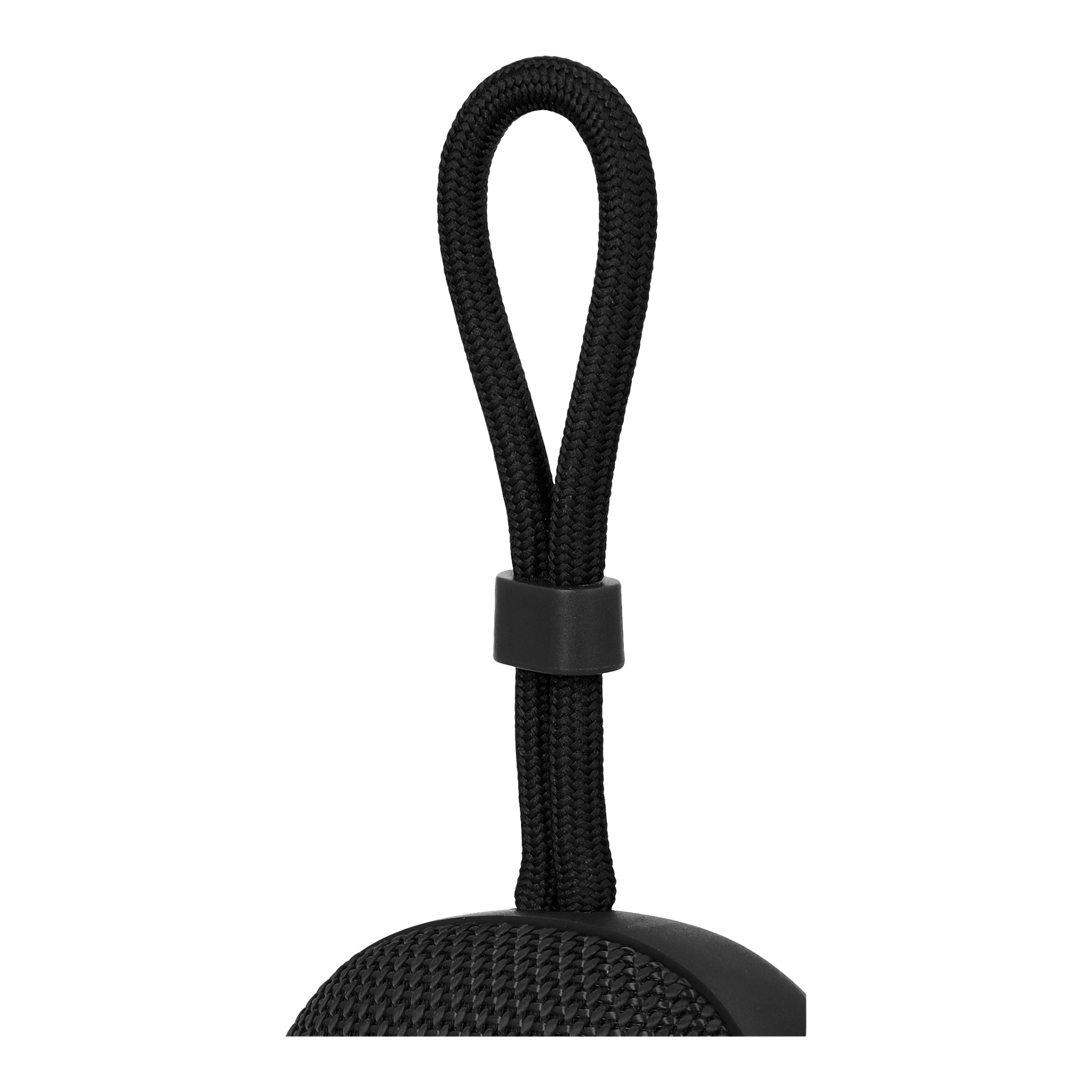 Närbild av en svart flätad sladdslinga fäst vid den texturerade, rundade Bright Bluetooth-högtalaren, fastsatt med en justerbar plastring. Talarens vävda yta är tydligt synlig.