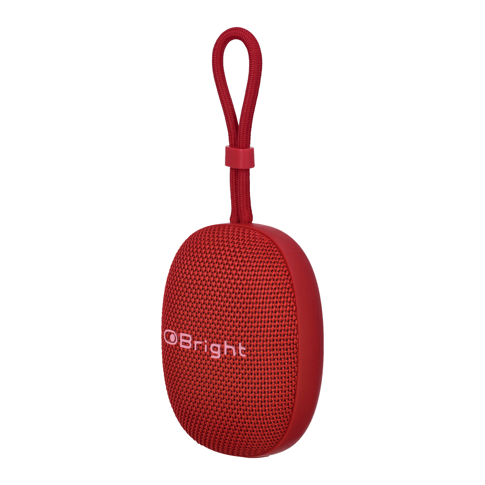 En röd Bluetooth-högtalare med texturerad front, rundade hörn och en slingrande bärsladd. Framsidan visar varumärket Bright.