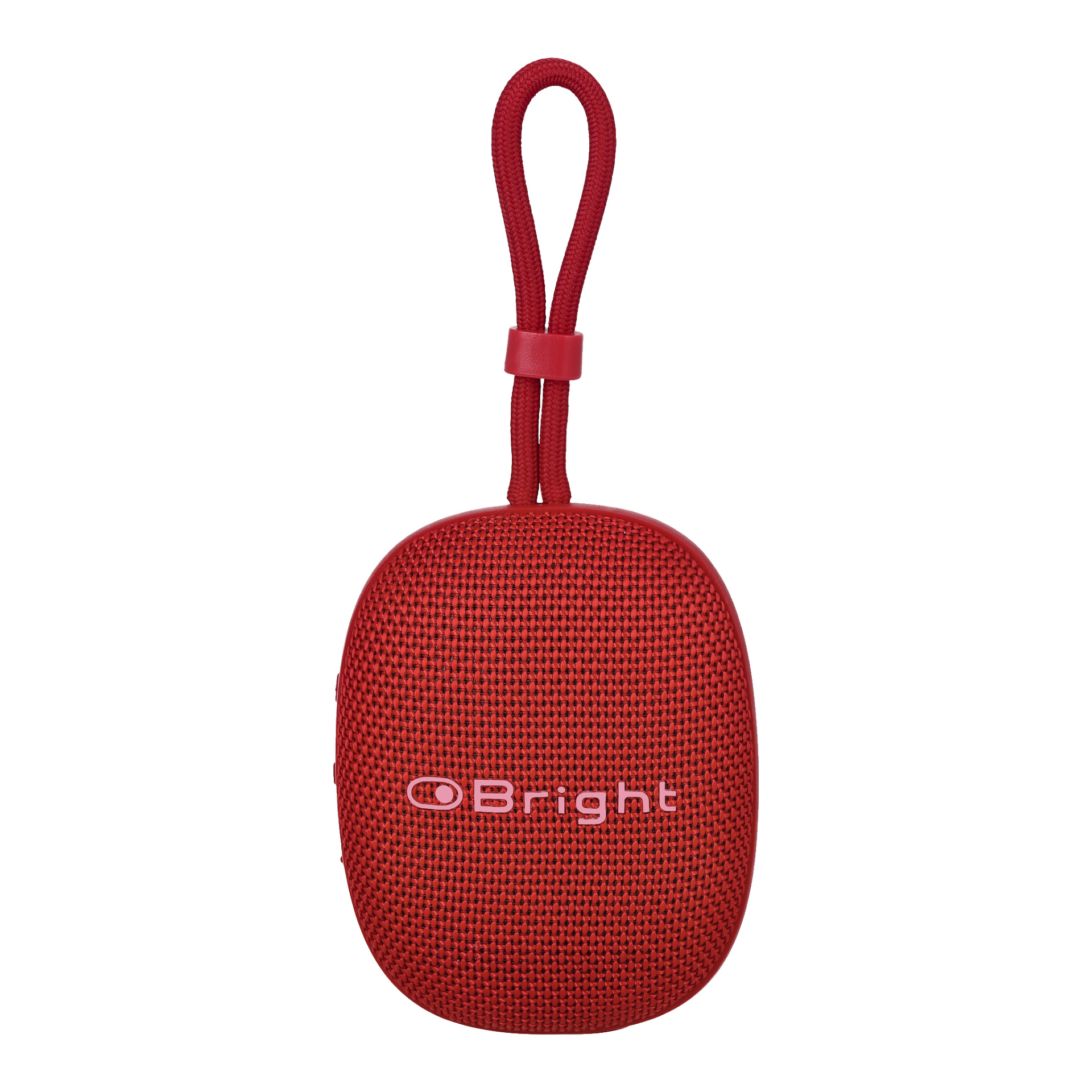 Bright Bluetooth-högtalaren är en liten, röd trådlös enhet med tygbeklädnad, släta rundade kanter, en fäst ögla för bärning och ordet Bright på framsidan.